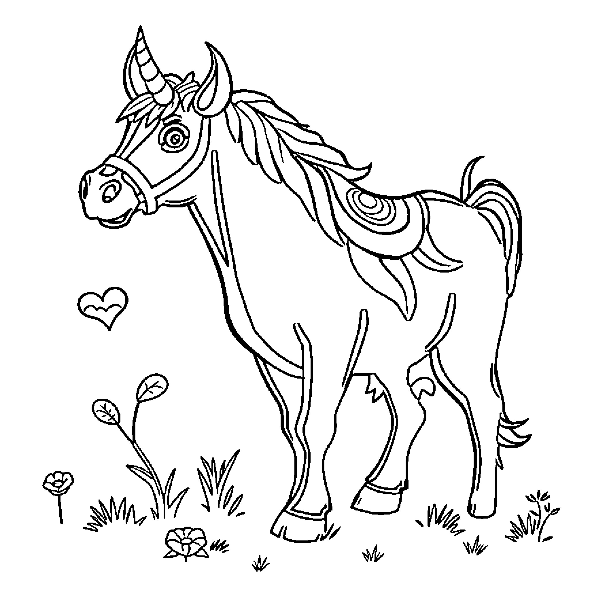 Bull playing in the meadow with flowers Coloring Page (free black-and-white line drawing printable PDF for all, from beginners to advanced learners, including children, teens, adults, and seniors)