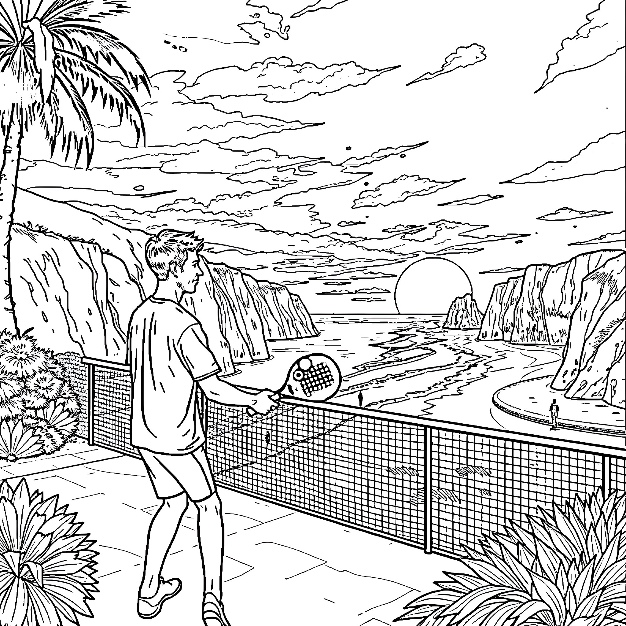 Man and Woman Enjoying Tennis in Tropical Landscape Coloring Page (free black-and-white line drawing printable PDF for all, from beginners to advanced learners, including children, teens, adults, and seniors)