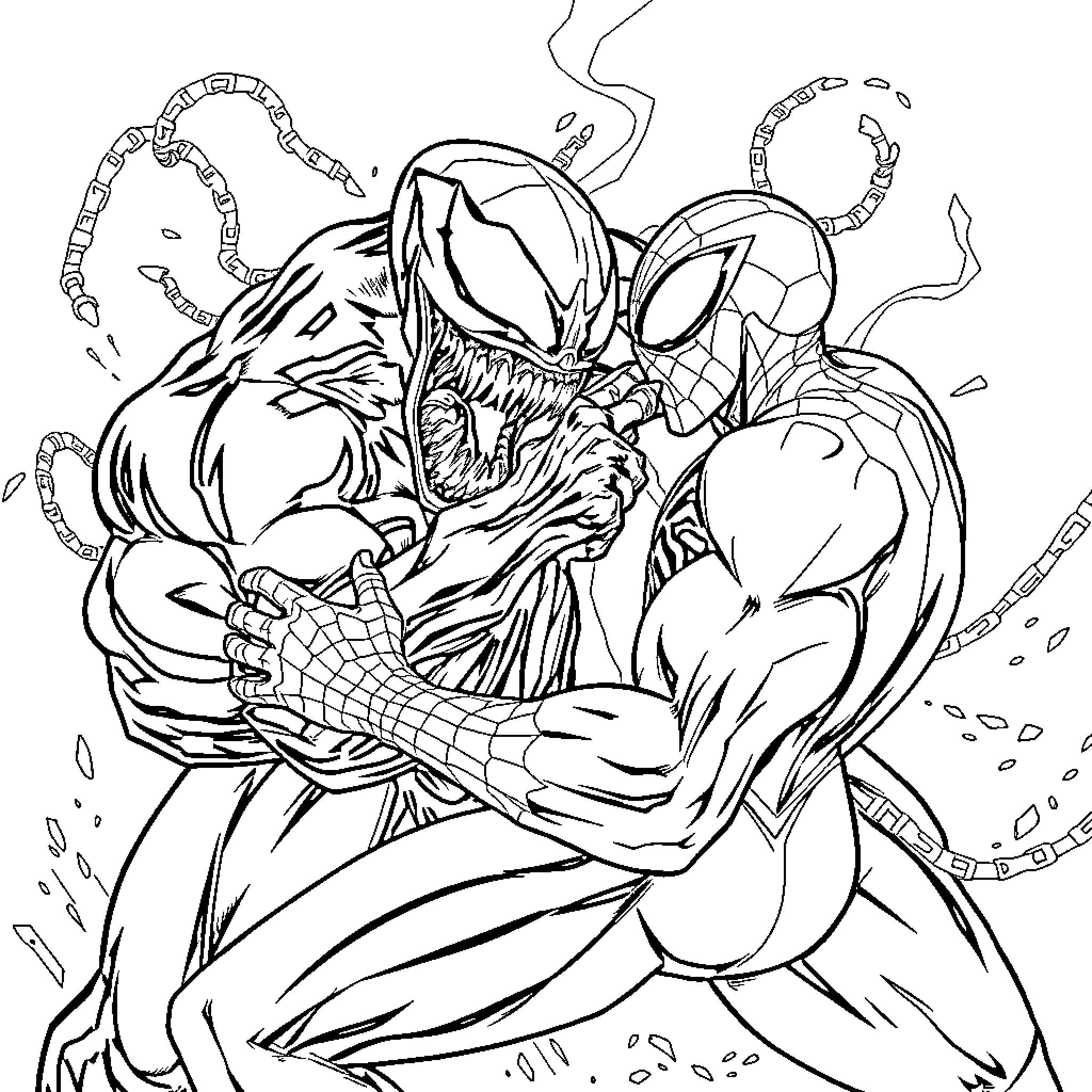 Spider-Man battles Venom in an intense confrontation Coloring Page (free black-and-white line drawing printable PDF for all, from beginners to advanced learners, including children, teens, adults, and seniors)