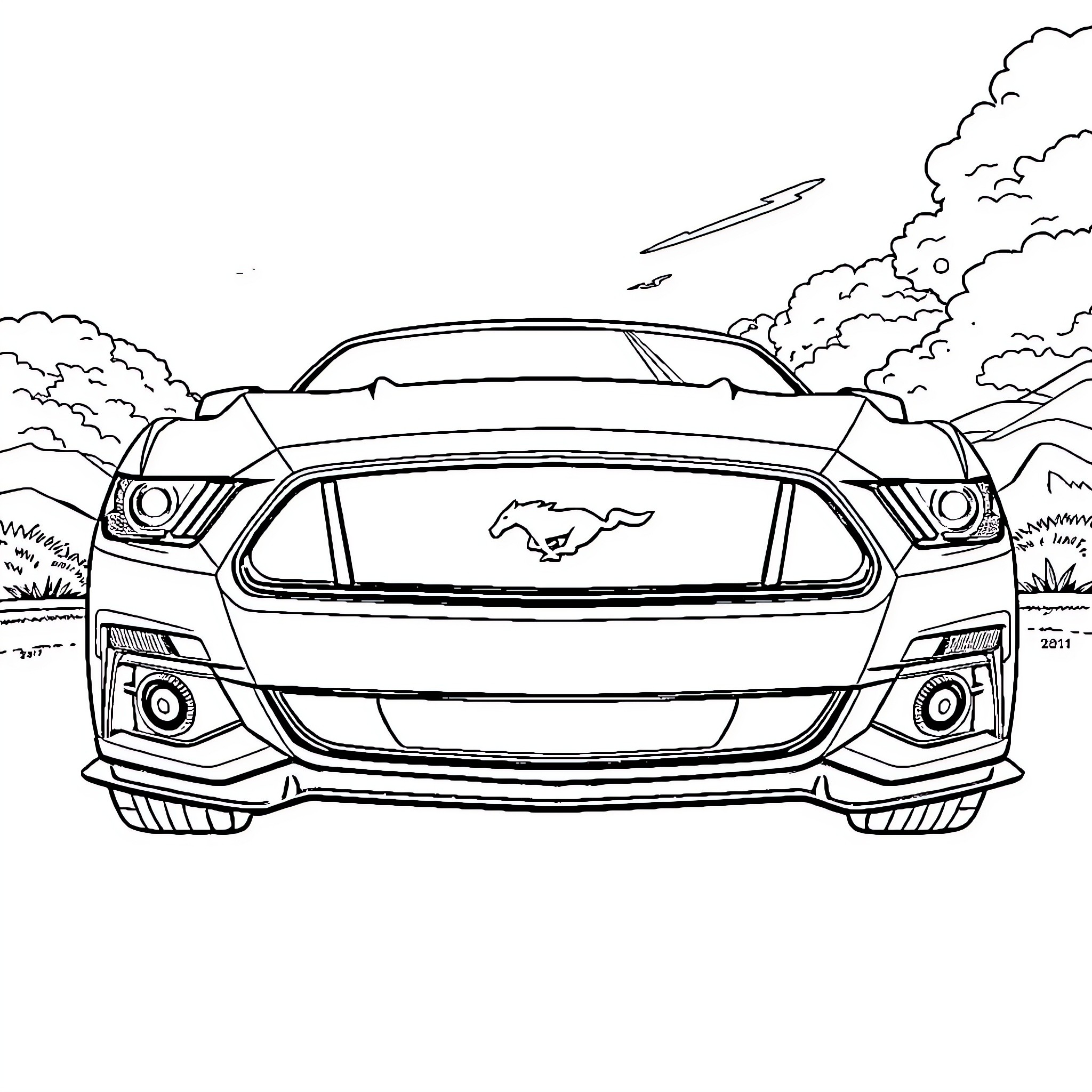 Mustang racing through the countryside Coloring Page (free black-and-white line drawing printable PDF for all, from beginners to advanced learners, including children, teens, adults, and seniors)