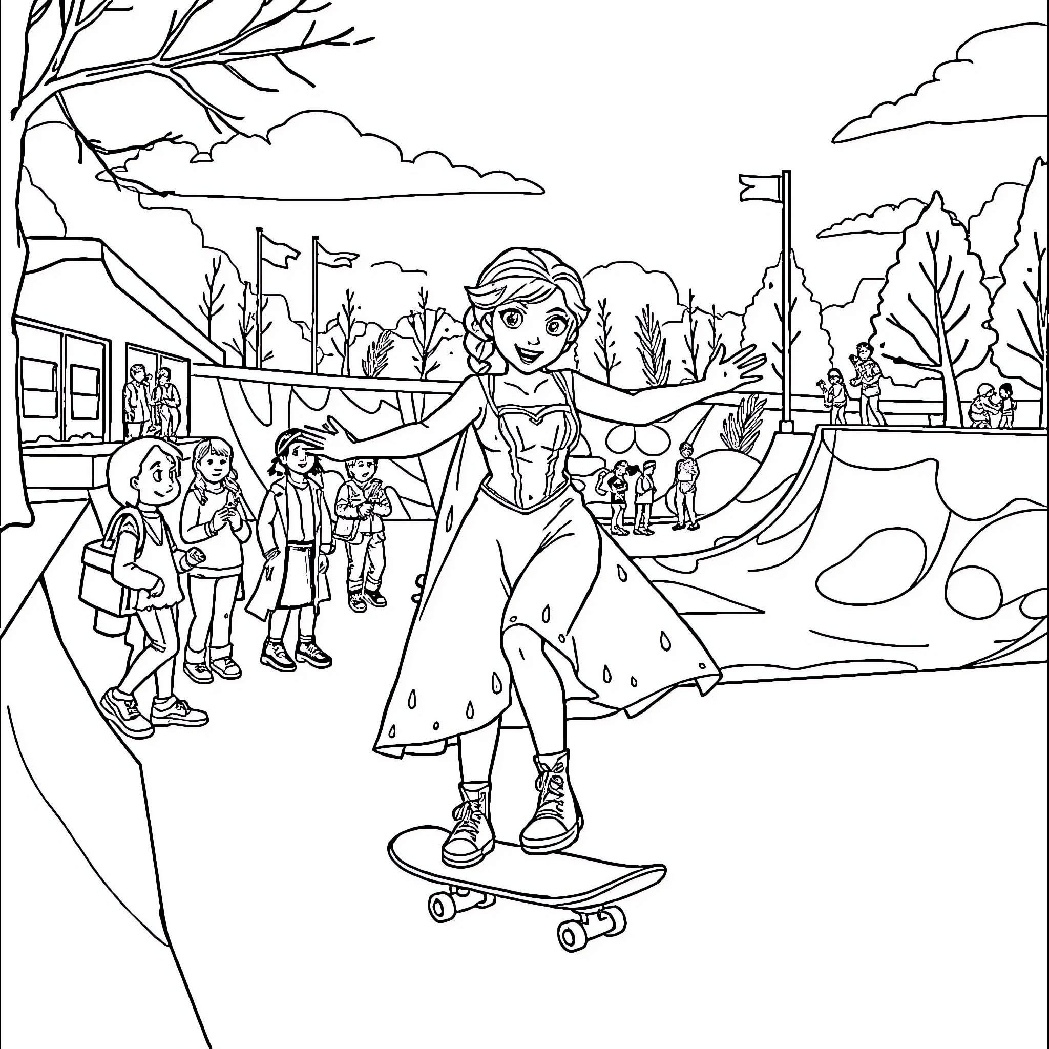 Princess Anna Skateboarding with Friends in the Park Coloring Page (free black-and-white line drawing printable PDF for all, from beginners to advanced learners, including children, teens, adults, and seniors)