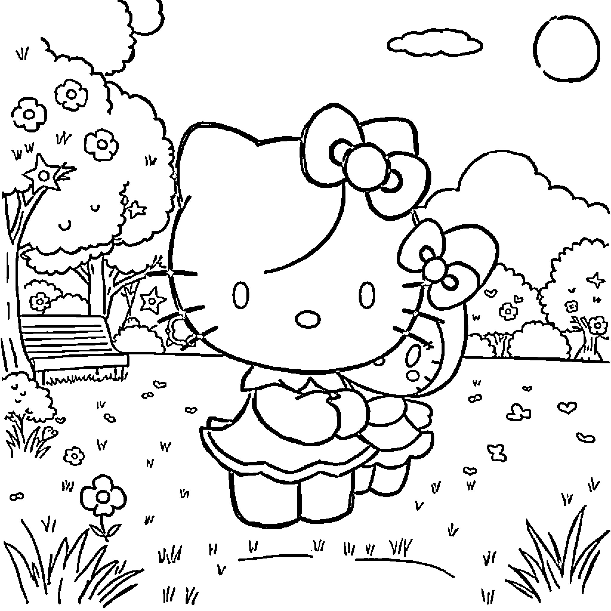 Kuromi enjoying a peaceful day in the park Coloring Page (free black-and-white line drawing printable PDF for all, from beginners to advanced learners, including children, teens, adults, and seniors)