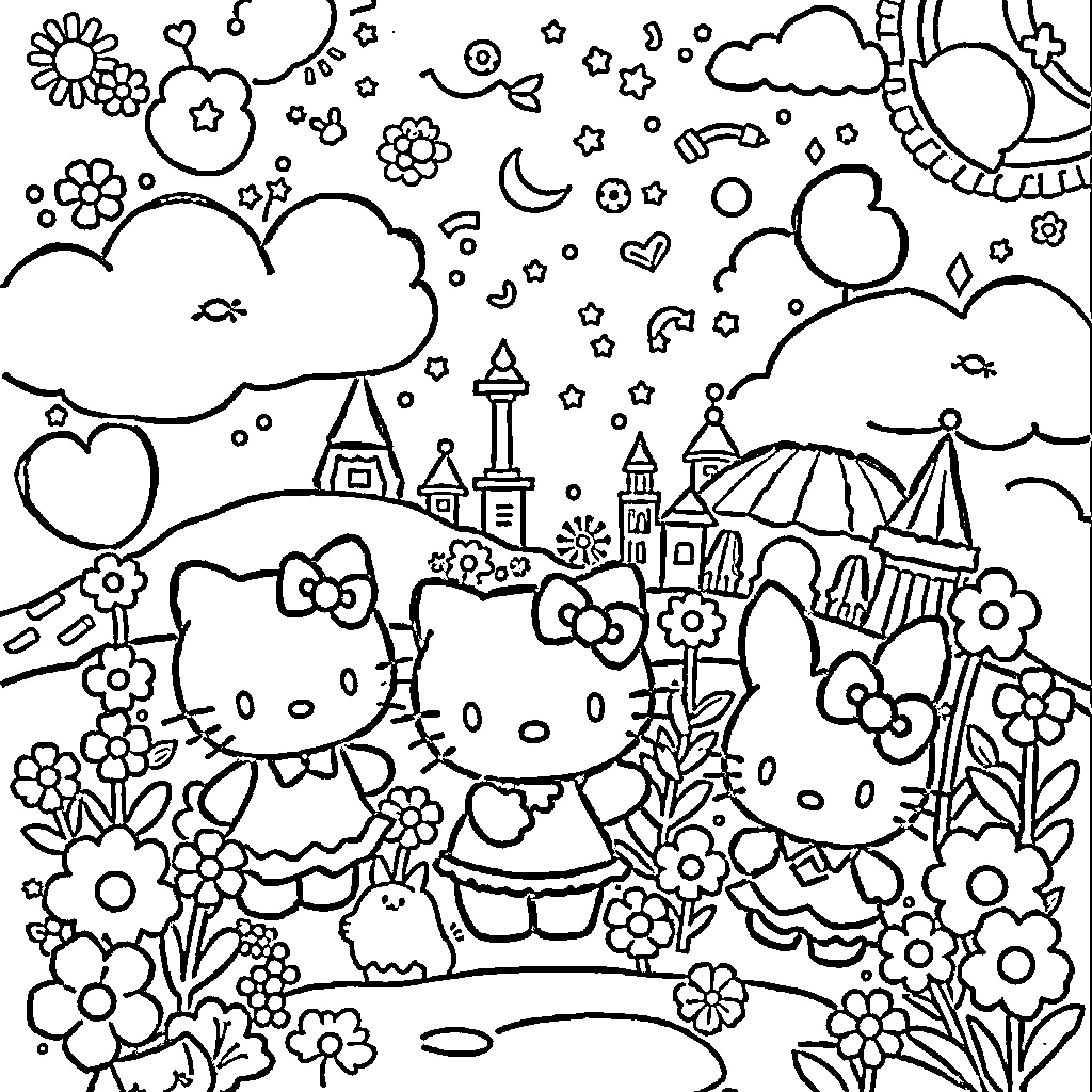 Sanrio Characters in a Whimsical Fairytale Scene Coloring Page (free black-and-white line drawing printable PDF for all, from beginners to advanced learners, including children, teens, adults, and seniors)