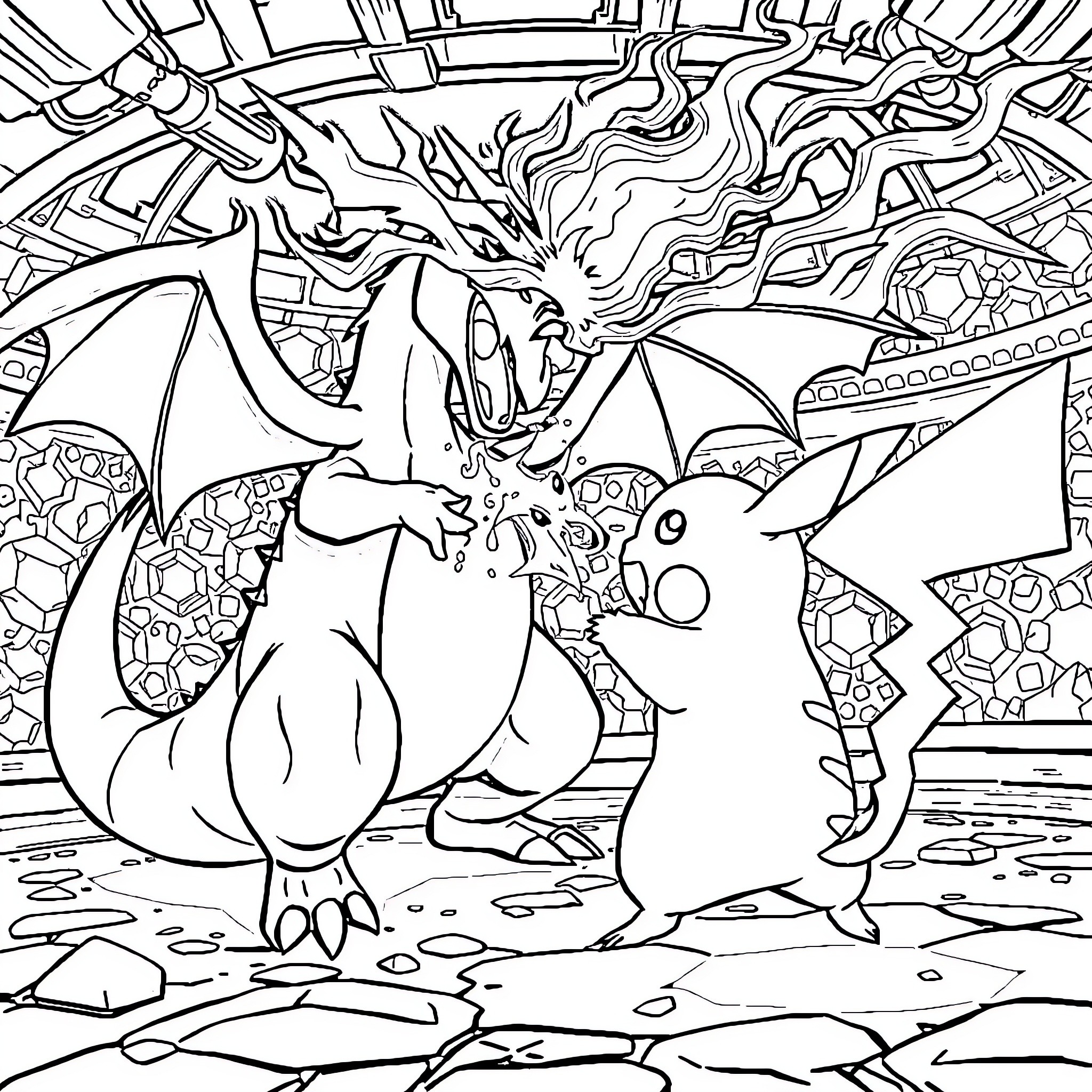 Charizard and Pikachu in an epic battle scene Coloring Page (free black-and-white line drawing printable PDF for all, from beginners to advanced learners, including children, teens, adults, and seniors)