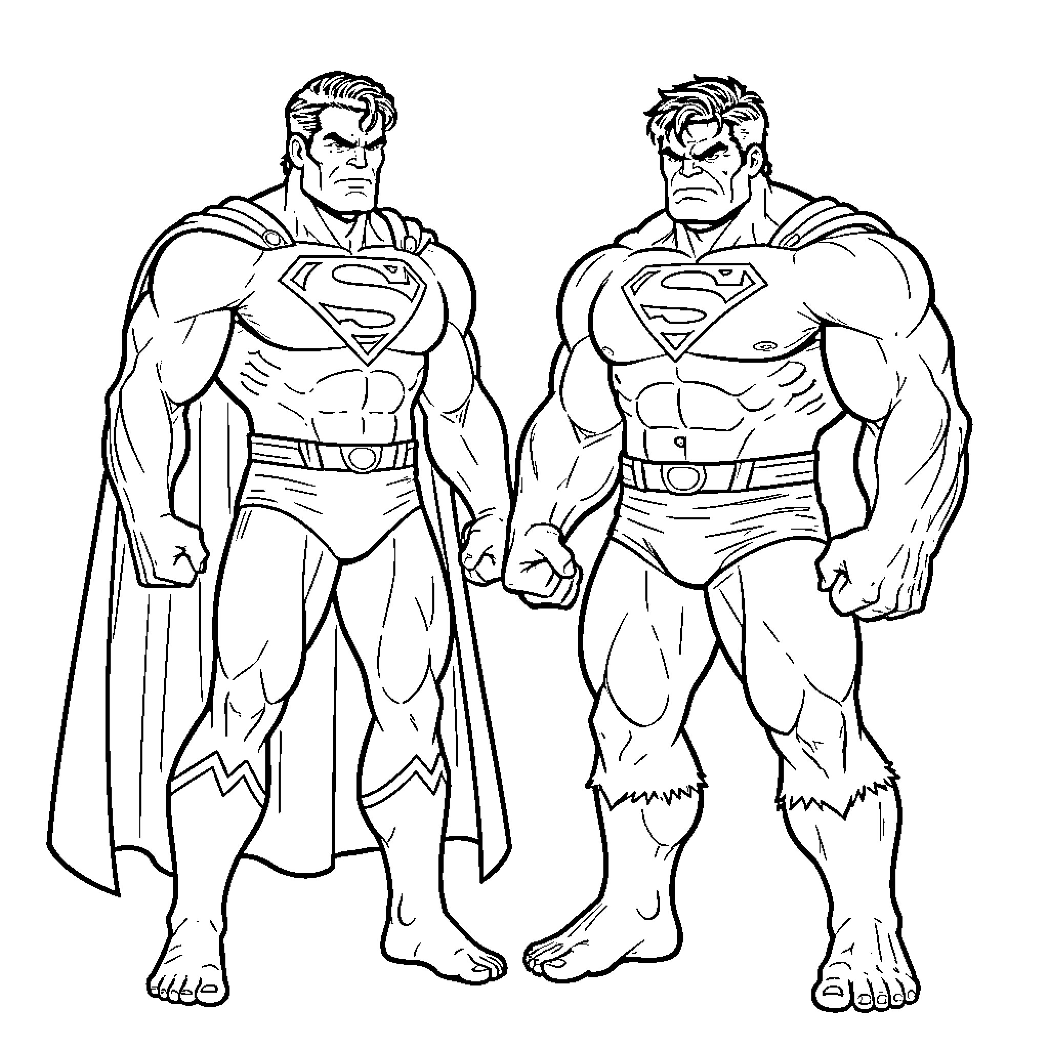 Superman and muscular superhero in action poses Coloring Page (free black-and-white line drawing printable PDF for all, from beginners to advanced learners, including children, teens, adults, and seniors)