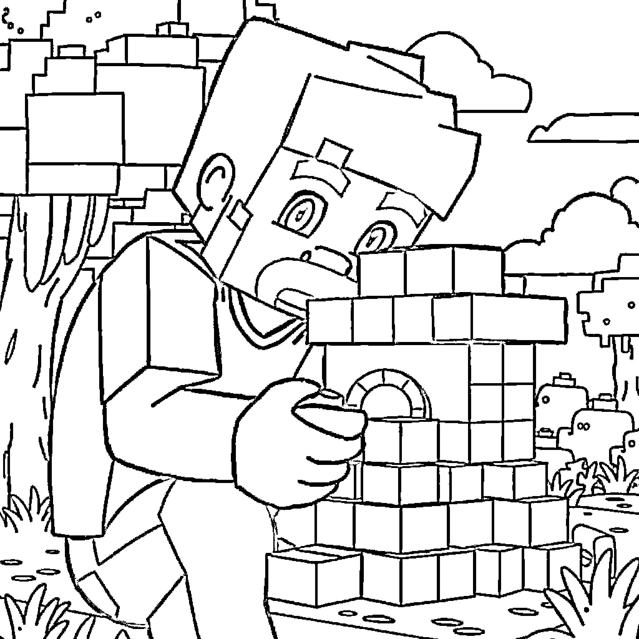 Steve building a wall with strange blocks Coloring Page (free black-and-white line drawing printable PDF for all, from beginners to advanced learners, including children, teens, adults, and seniors)