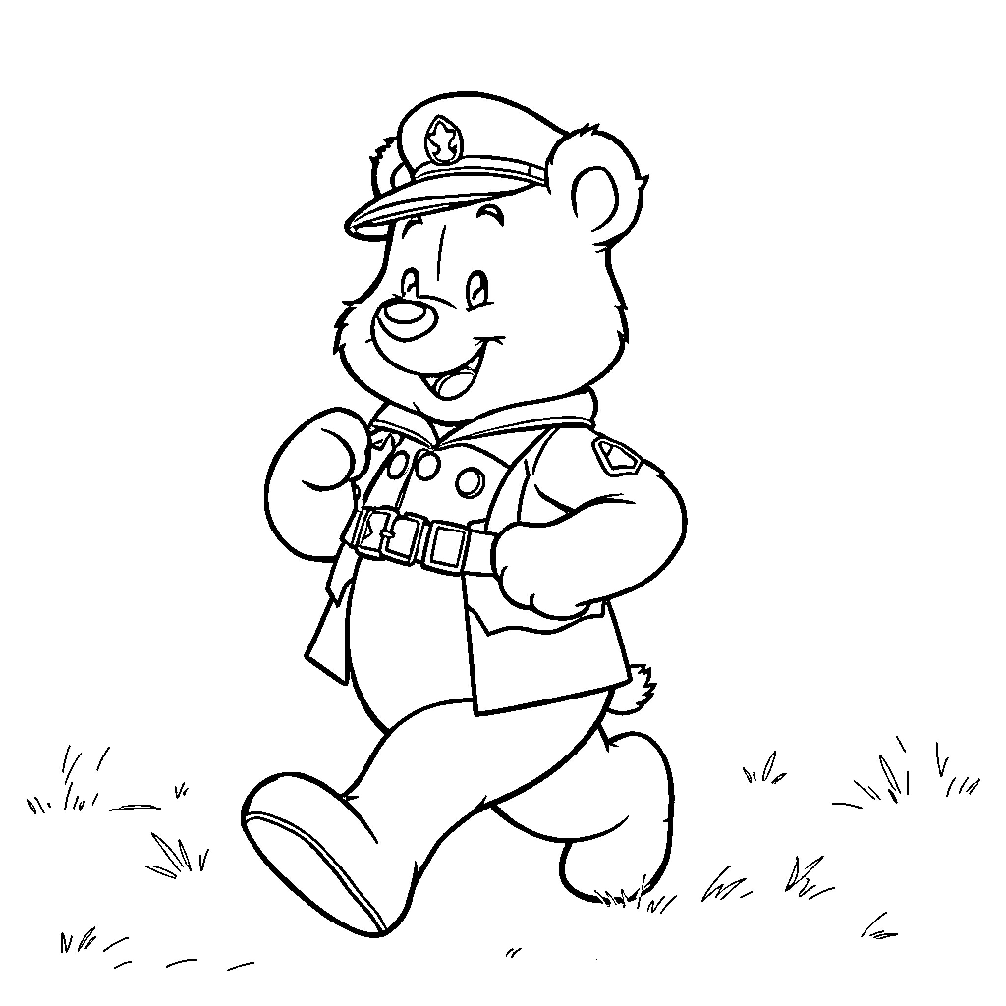 Winnie l'ourson dressed as a police officer Coloring Page (free black-and-white line drawing printable PDF for all, from beginners to advanced learners, including children, teens, adults, and seniors)