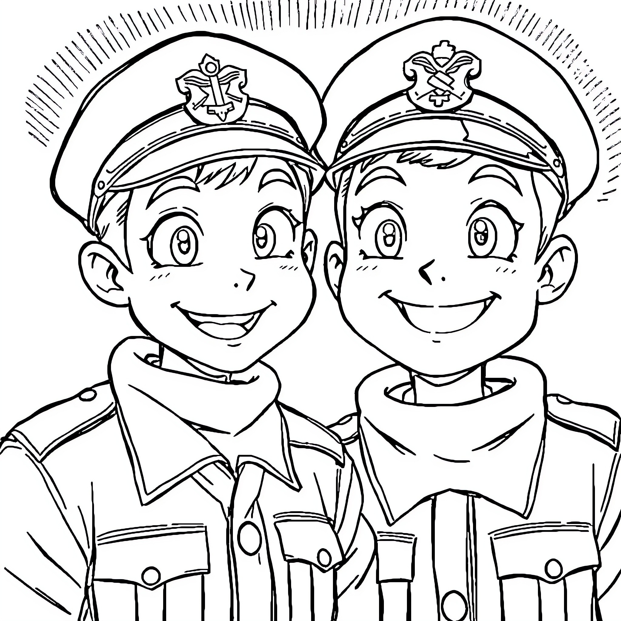 Schoolchildren in uniform smiling happily together Coloring Page (free black-and-white line drawing printable PDF for all, from beginners to advanced learners, including children, teens, adults, and seniors)