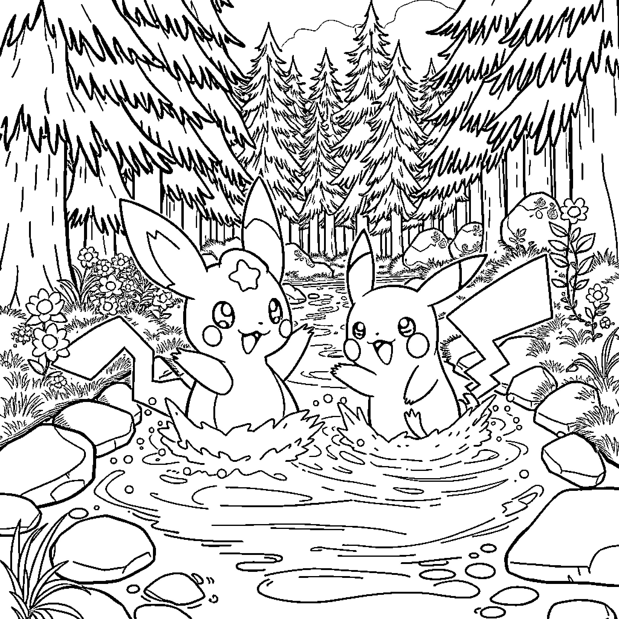 Quaxly exploring the enchanted forest with friends Coloring Page (free black-and-white line drawing printable PDF for all, from beginners to advanced learners, including children, teens, adults, and seniors)