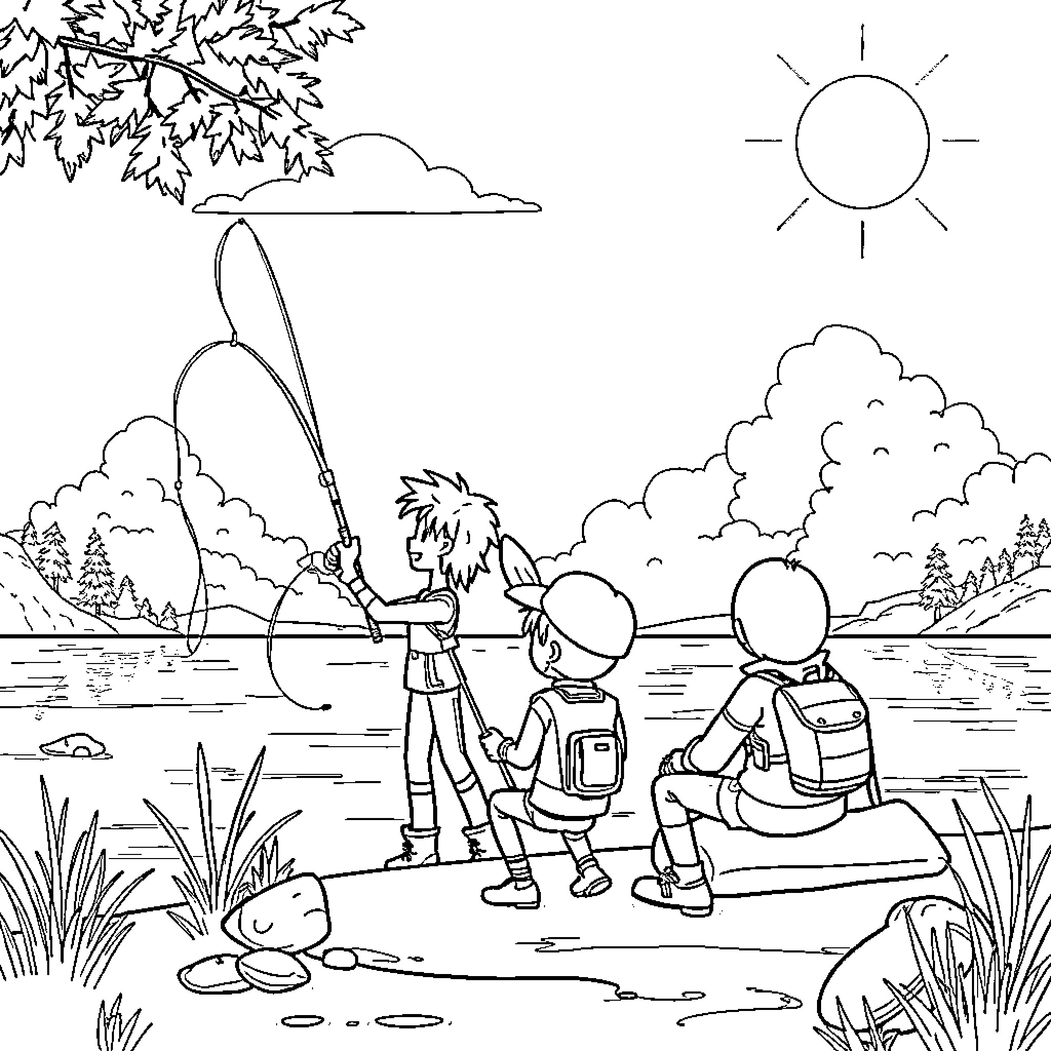 Rocket Fishing Trip with Friends in Nature Coloring Page (free black-and-white line drawing printable PDF for all, from beginners to advanced learners, including children, teens, adults, and seniors)