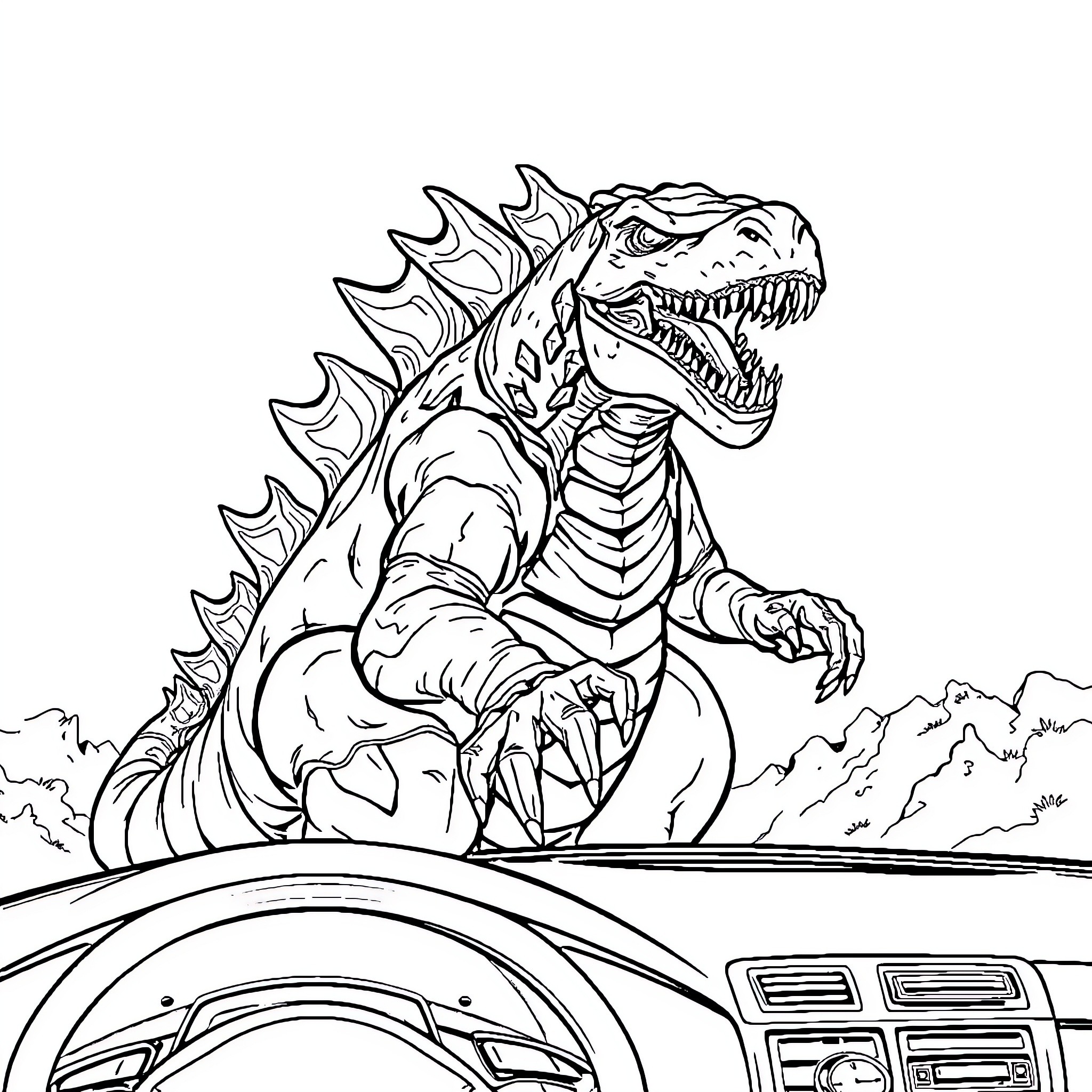 Monstruo unleashing destruction on a city Coloring Page (free black-and-white line drawing printable PDF for all, from beginners to advanced learners, including children, teens, adults, and seniors)