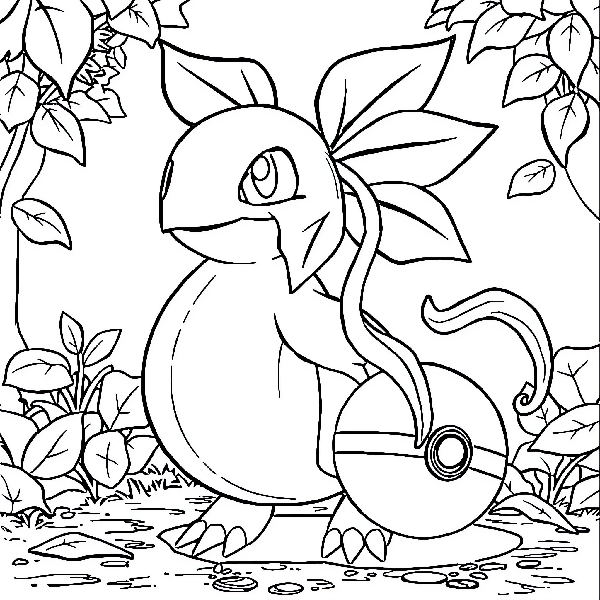 Bulbasaur enjoying the natural landscape Coloring Page (free black-and-white line drawing printable PDF for all, from beginners to advanced learners, including children, teens, adults, and seniors)