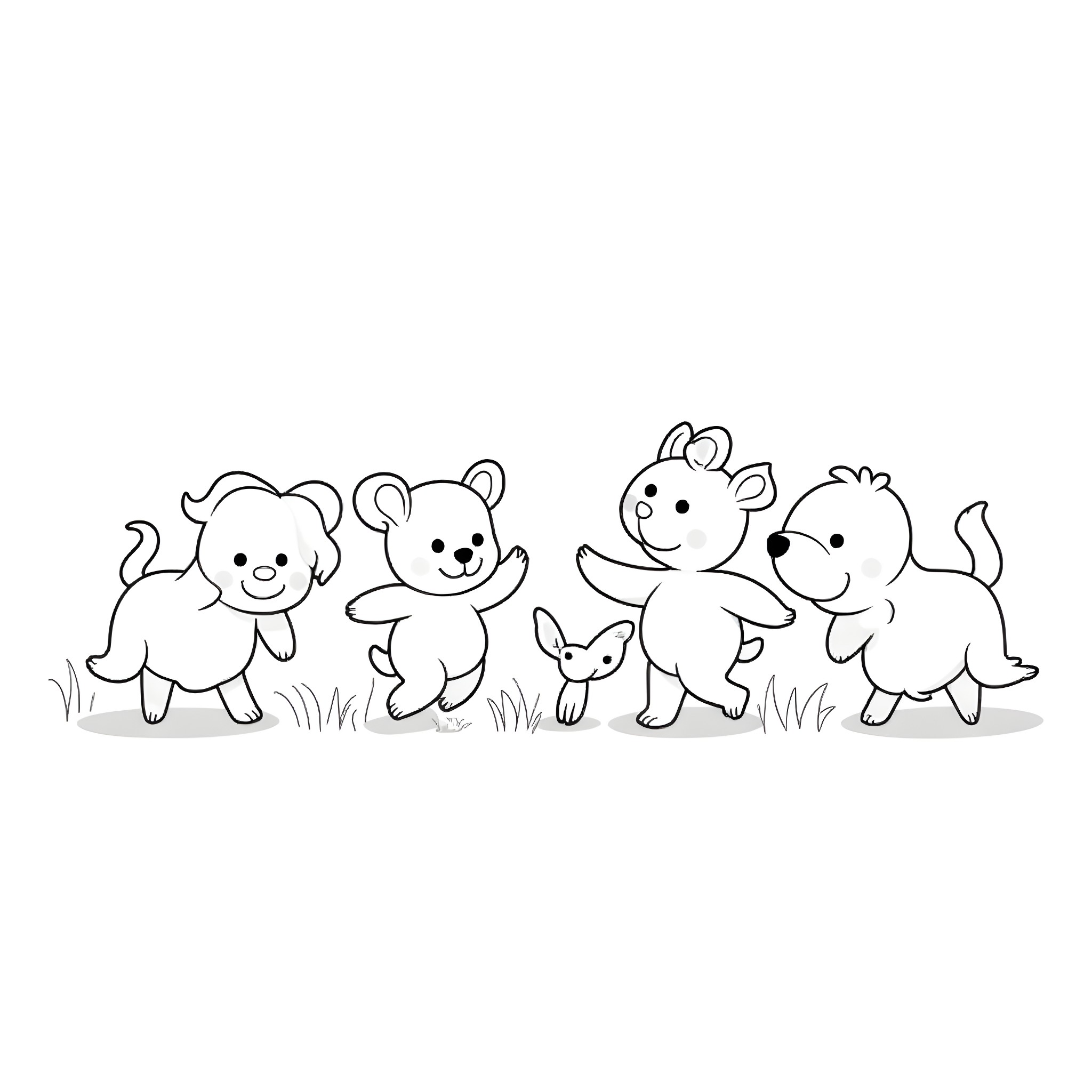 Baby Animals Playing Together Happily Coloring Page (free black-and-white line drawing printable PDF for all, from beginners to advanced learners, including children, teens, adults, and seniors)