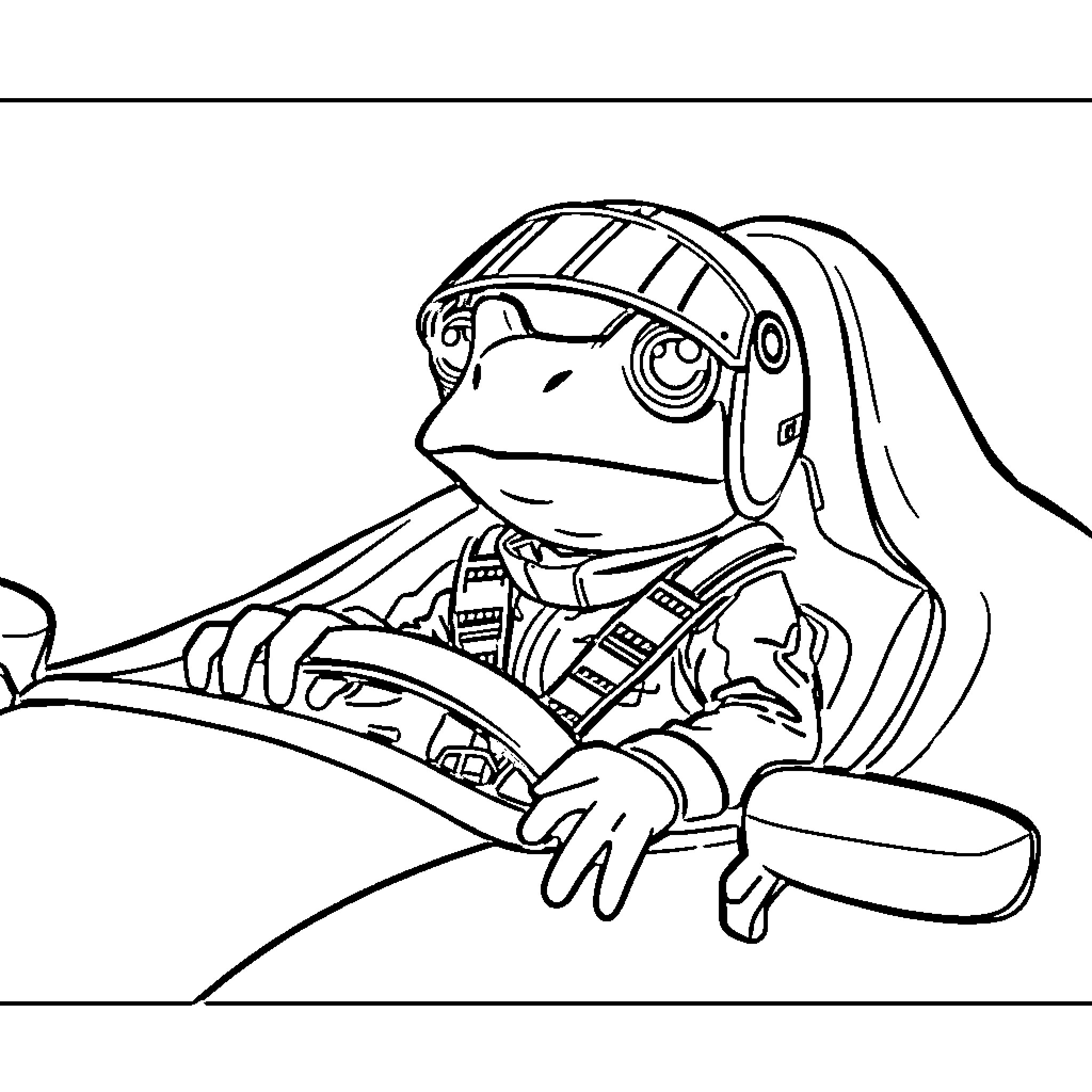 Frog mechanic working on a vehicle Coloring Page (free black-and-white line drawing printable PDF for all, from beginners to advanced learners, including children, teens, adults, and seniors)