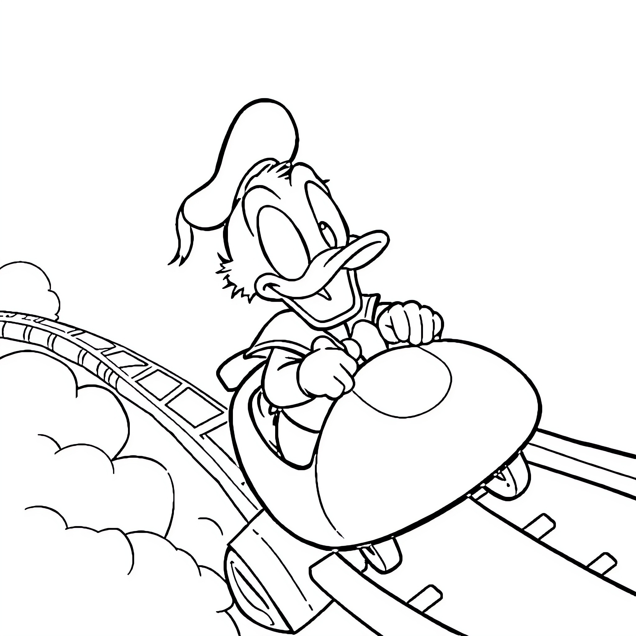 Donald Duck riding a roller coaster with excitement Coloring Page (free black-and-white line drawing printable PDF for all, from beginners to advanced learners, including children, teens, adults, and seniors)