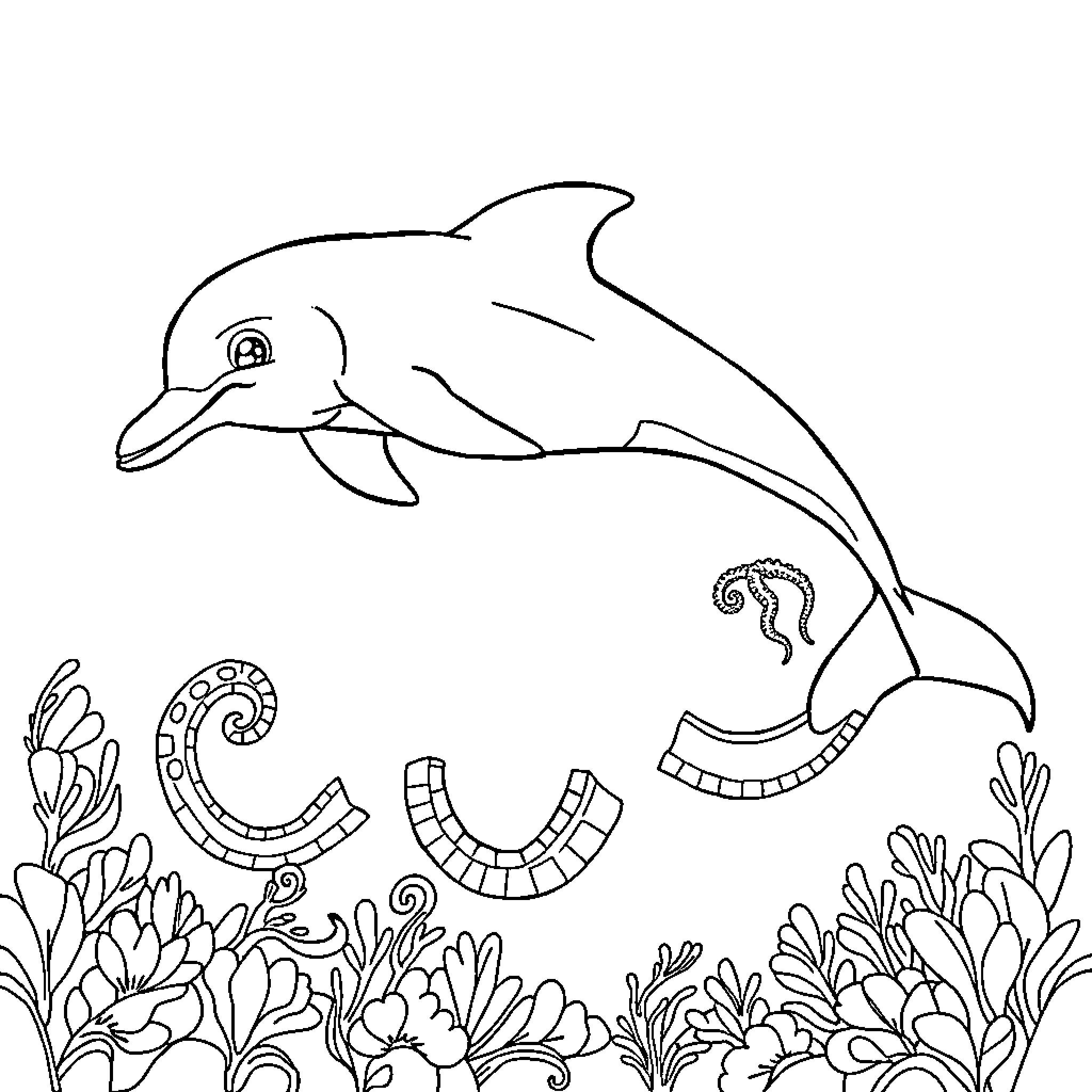 Dolphin playfully swimming among underwater plants Coloring Page (free black-and-white line drawing printable PDF for all, from beginners to advanced learners, including children, teens, adults, and seniors)