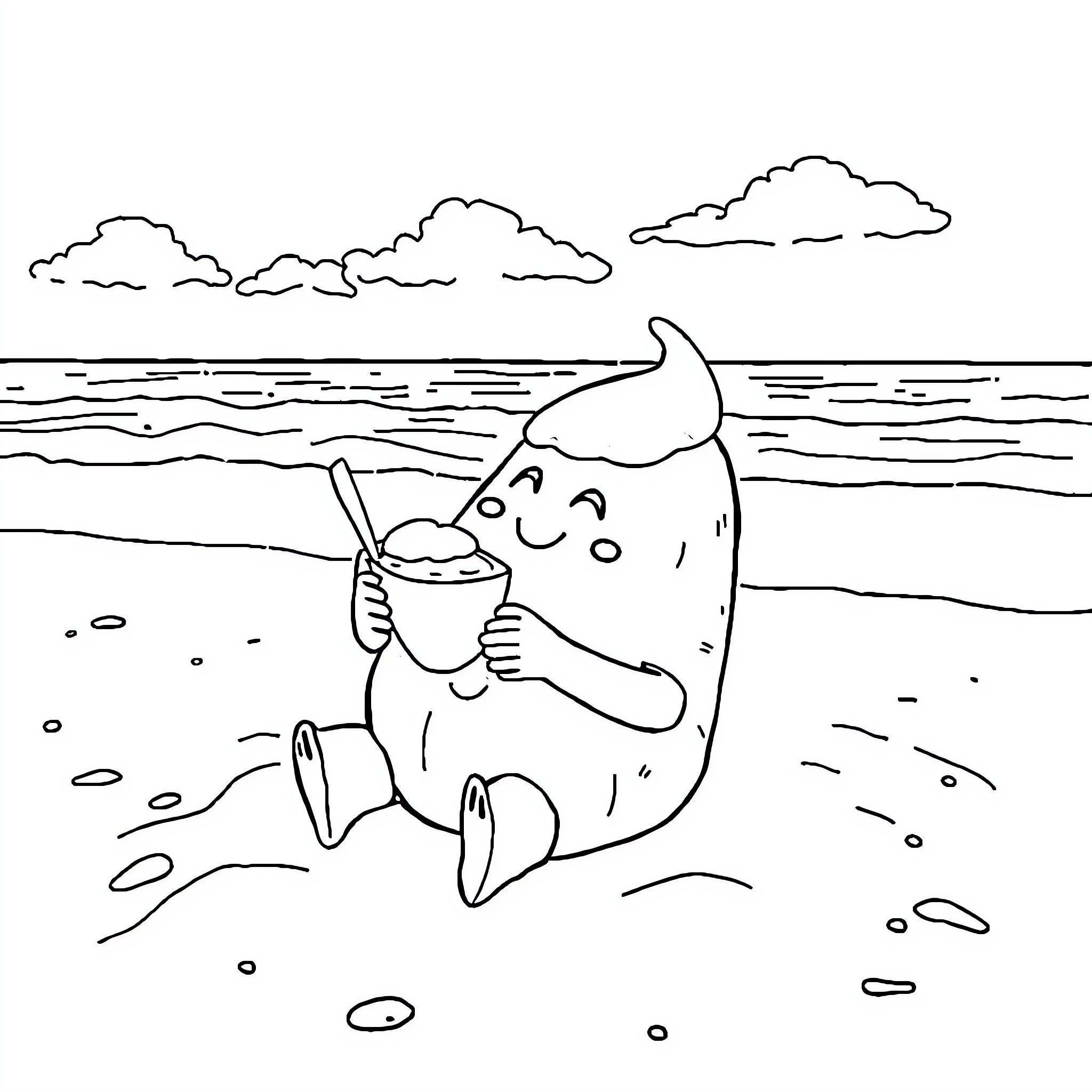 Patate enjoying a beach day Coloring Page (free black-and-white line drawing printable PDF for all, from beginners to advanced learners, including children, teens, adults, and seniors)