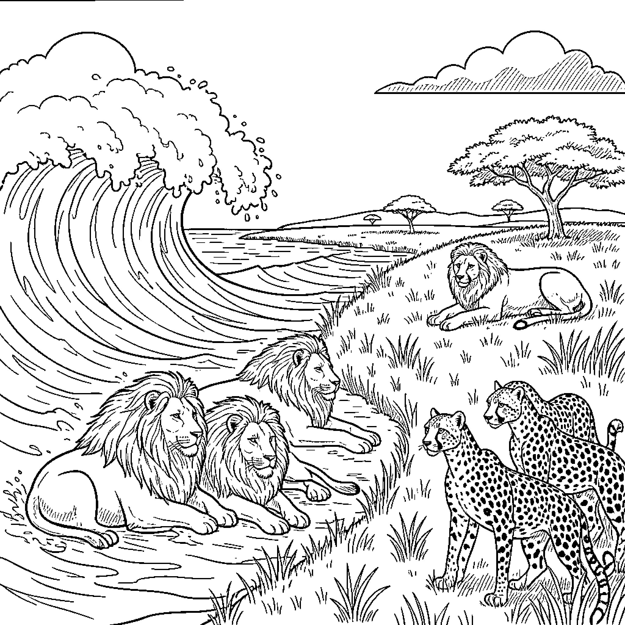 Ocean Wildlife Adventure in the Savanna Coloring Page (free black-and-white line drawing printable PDF for all, from beginners to advanced learners, including children, teens, adults, and seniors)