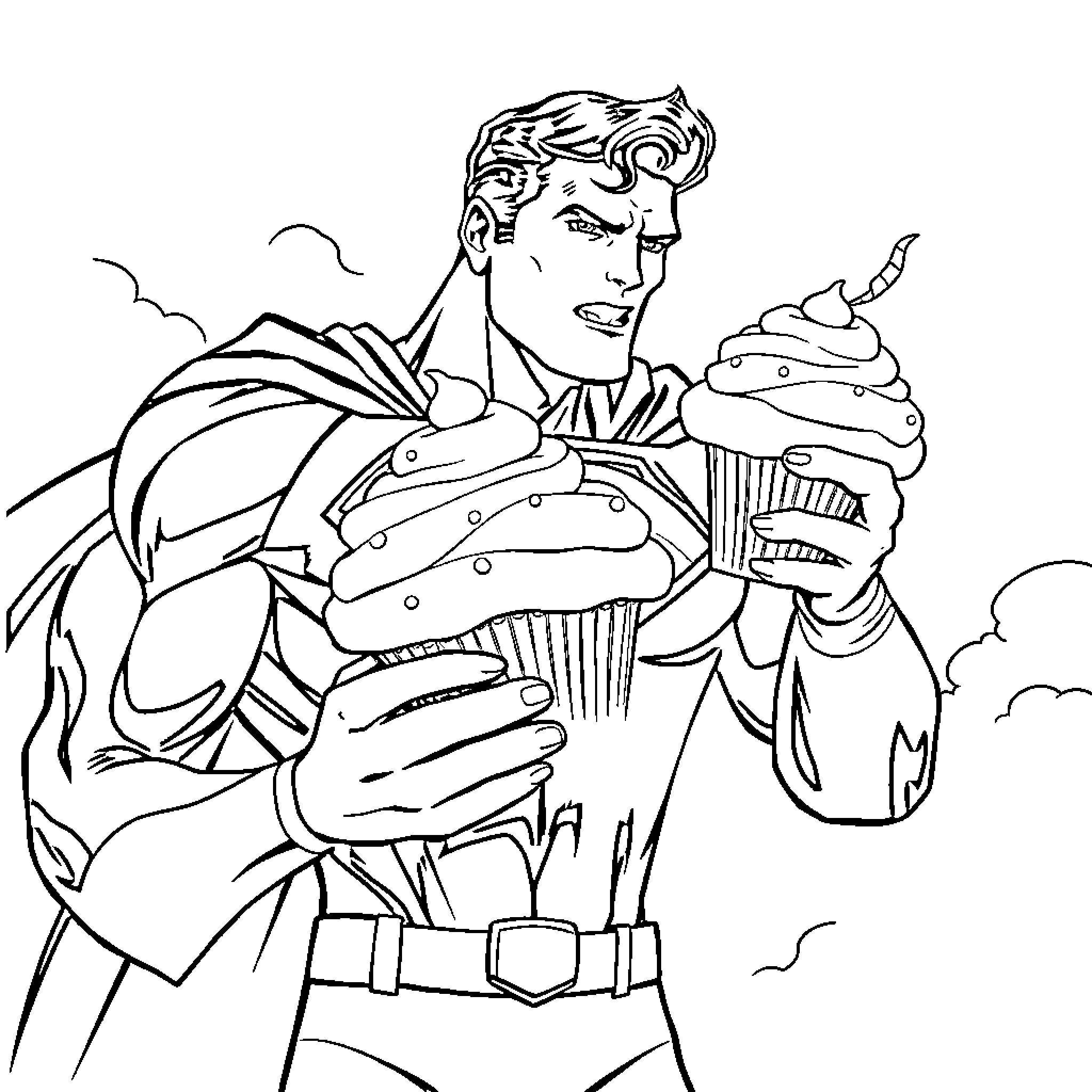 Superman holding a giant cupcake Coloring Page (free black-and-white line drawing printable PDF for all, from beginners to advanced learners, including children, teens, adults, and seniors)