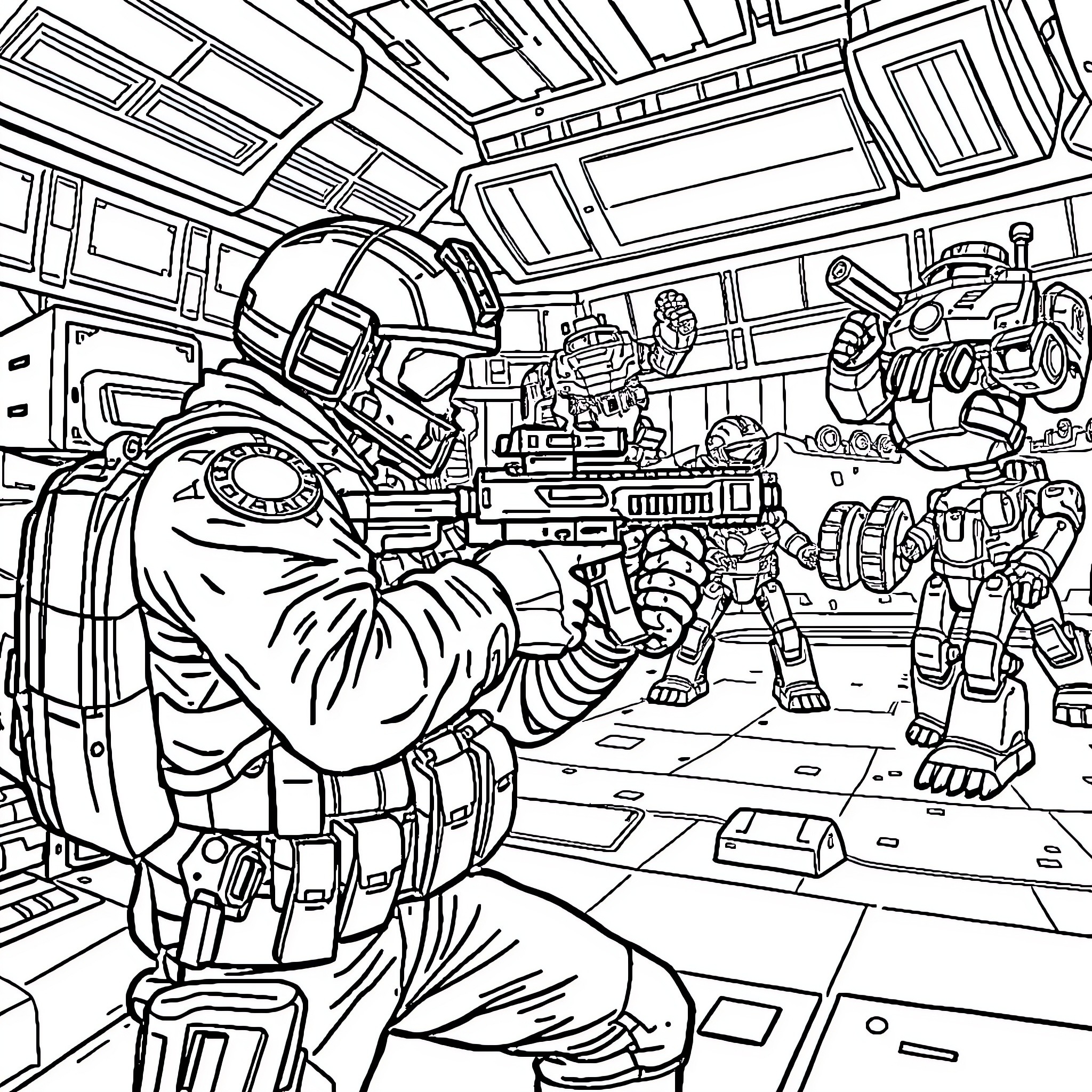 Soldier battles robotic enemies in futuristic combat zone Coloring Page (free black-and-white line drawing printable PDF for all, from beginners to advanced learners, including children, teens, adults, and seniors)
