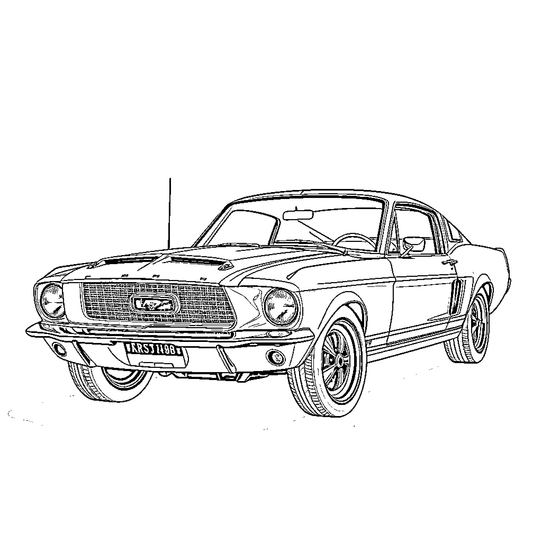 Mustang classic car in black and white sketch Coloring Page (free black-and-white line drawing printable PDF for all, from beginners to advanced learners, including children, teens, adults, and seniors)
