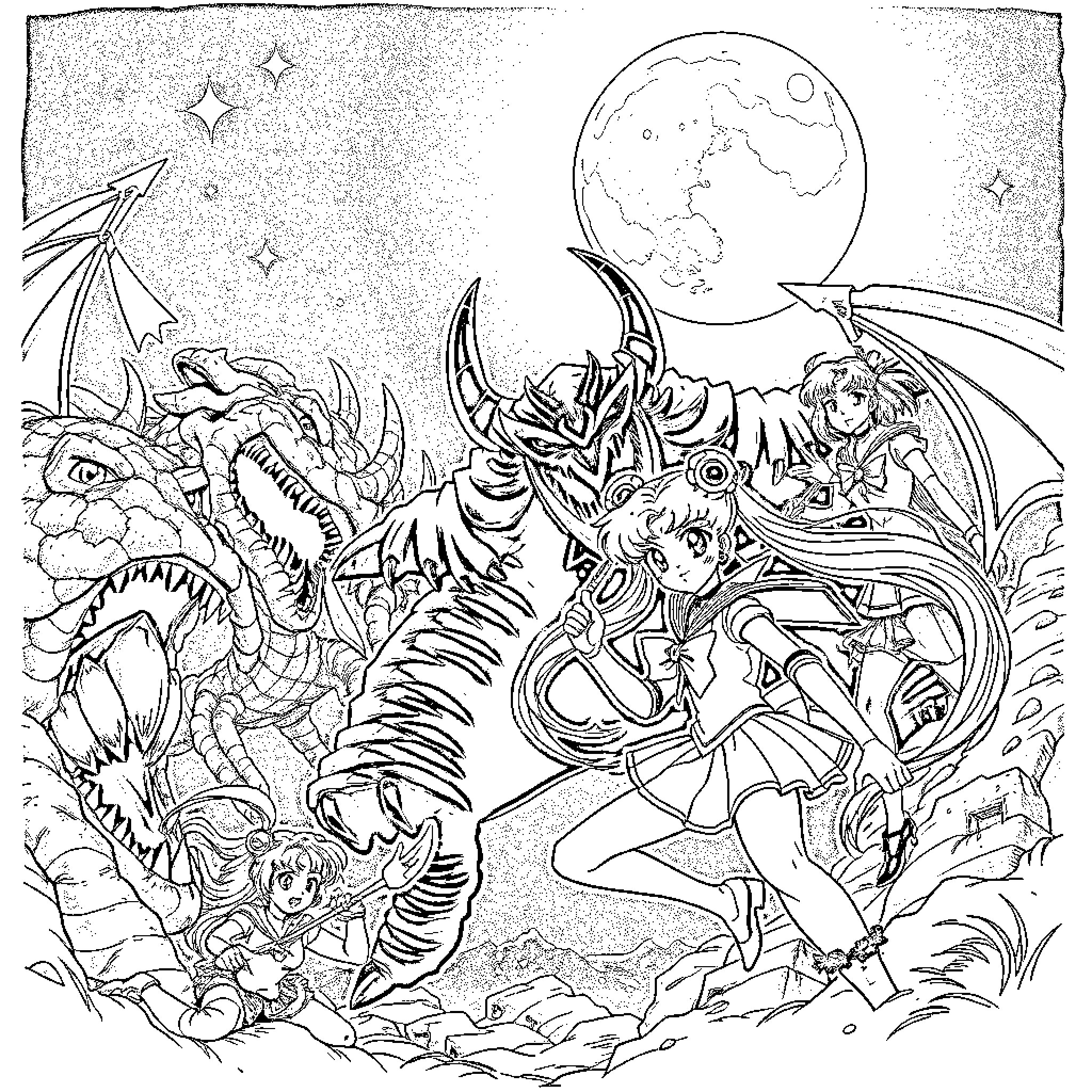 Sailor Moon and the Magical Adventure in the Cosmos Coloring Page (free black-and-white line drawing printable PDF for all, from beginners to advanced learners, including children, teens, adults, and seniors)