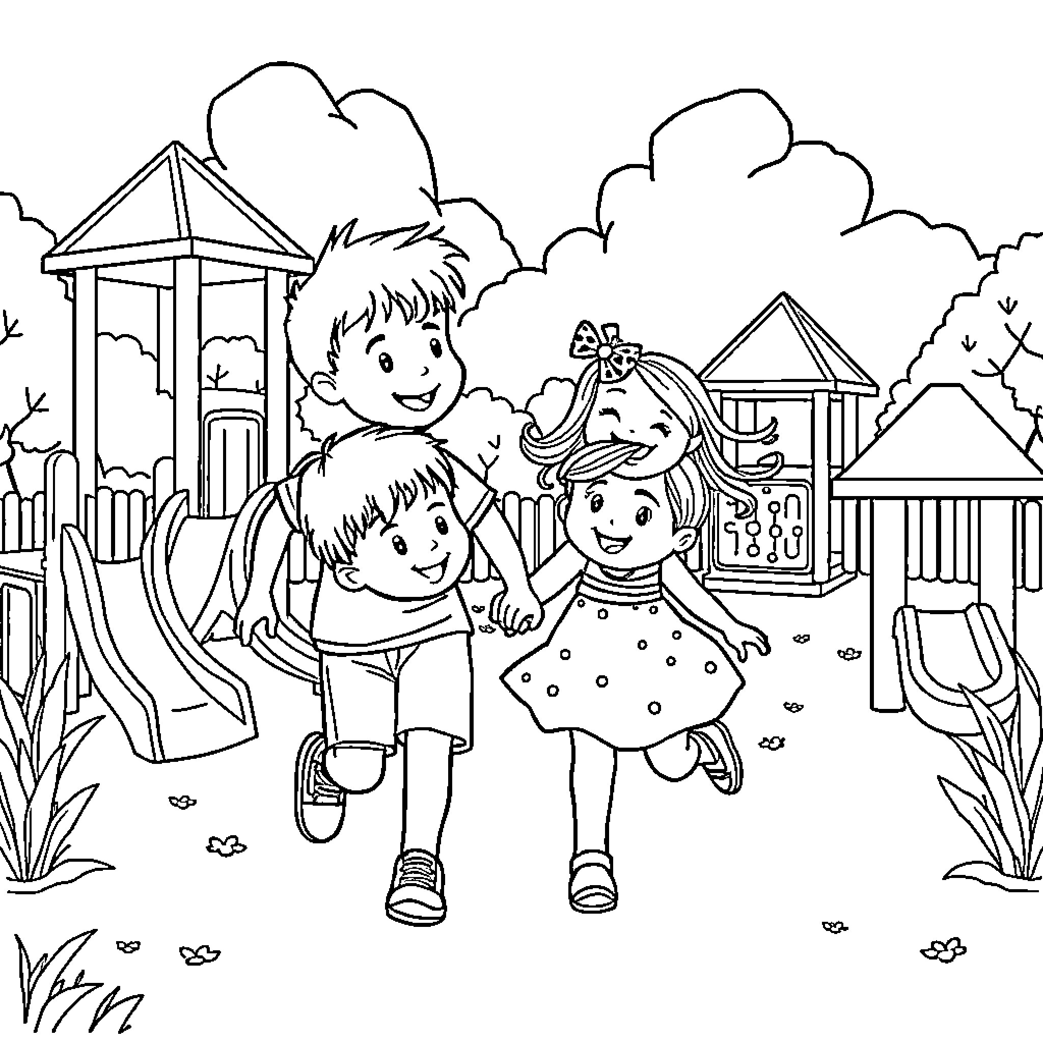 Boy playing happily with friends on the playground Coloring Page (free black-and-white line drawing printable PDF for all, from beginners to advanced learners, including children, teens, adults, and seniors)