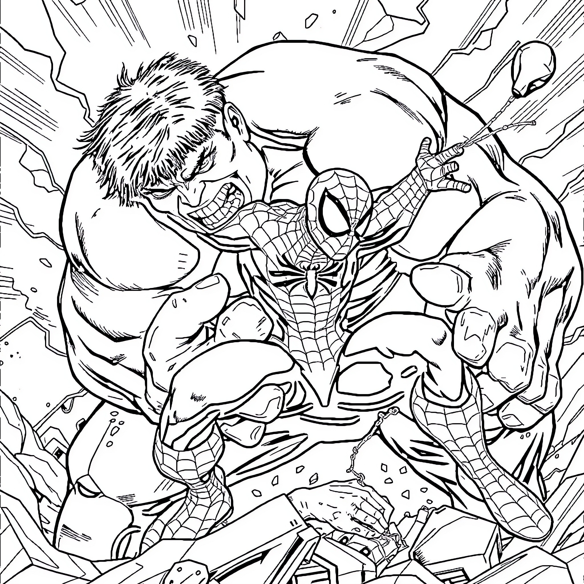 Spiderman facing off against a fierce villain Coloring Page (free black-and-white line drawing printable PDF for all, from beginners to advanced learners, including children, teens, adults, and seniors)
