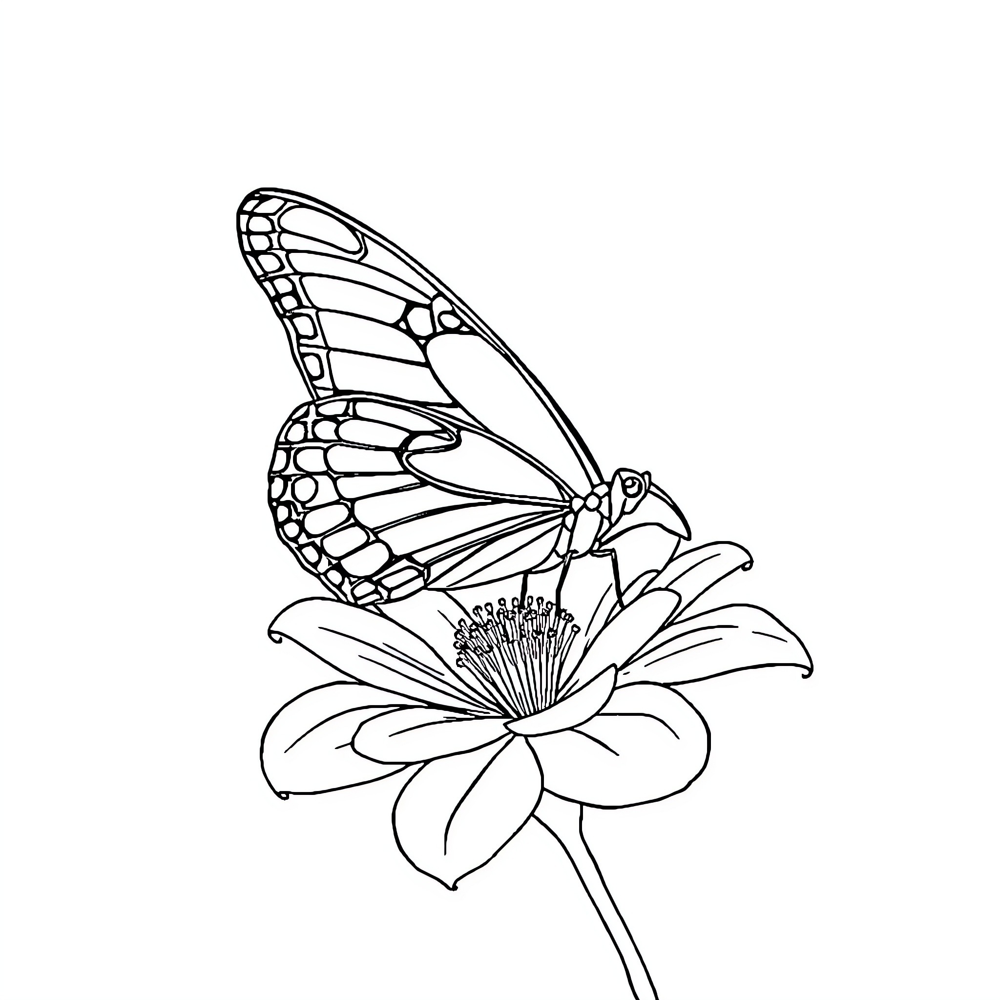 Butterfly resting on a delicate flower Coloring Page (free black-and-white line drawing printable PDF for all, from beginners to advanced learners, including children, teens, adults, and seniors)
