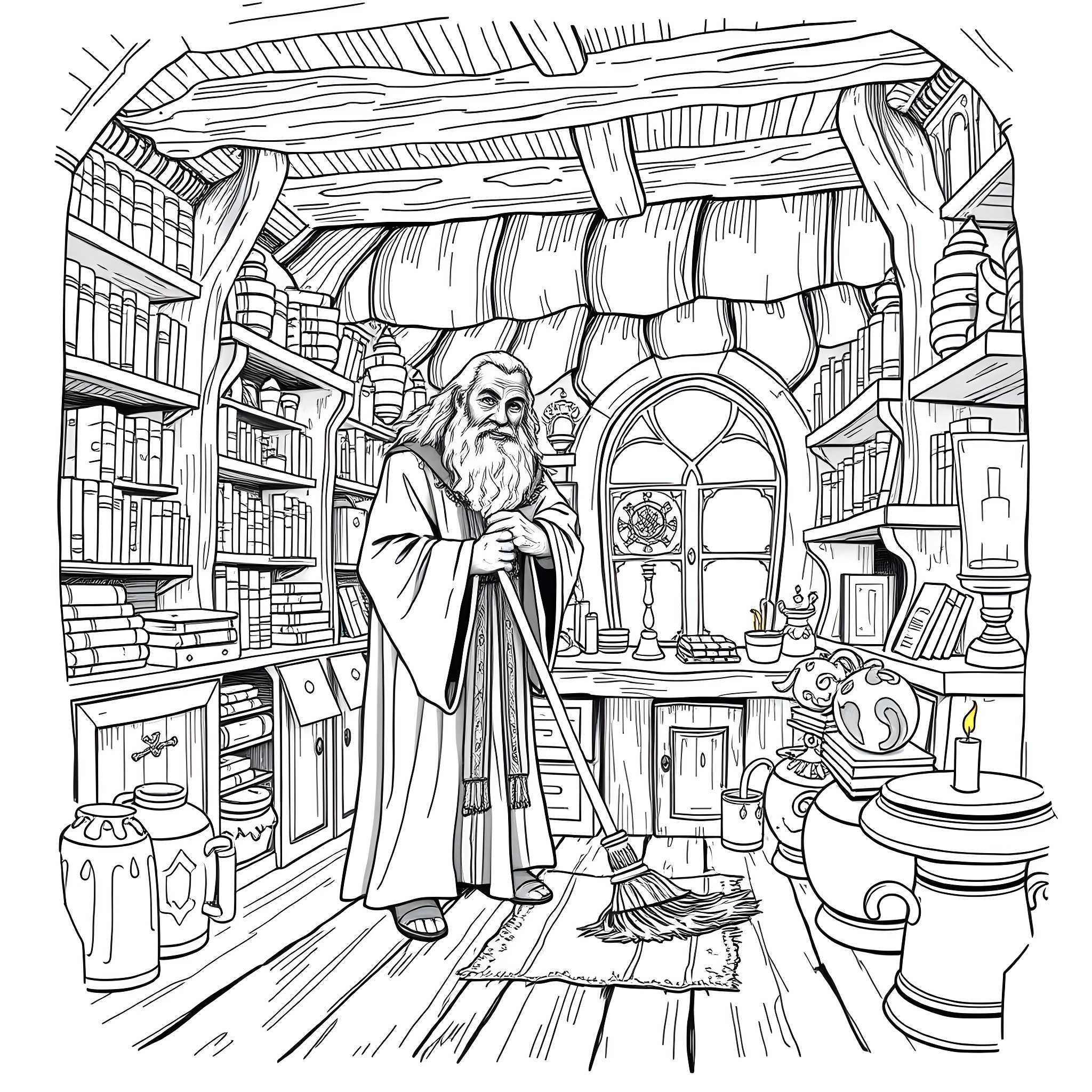 Gandalf the Wizard Sweeping His Cozy Study Coloring Page (free black-and-white line drawing printable PDF for all, from beginners to advanced learners, including children, teens, adults, and seniors)
