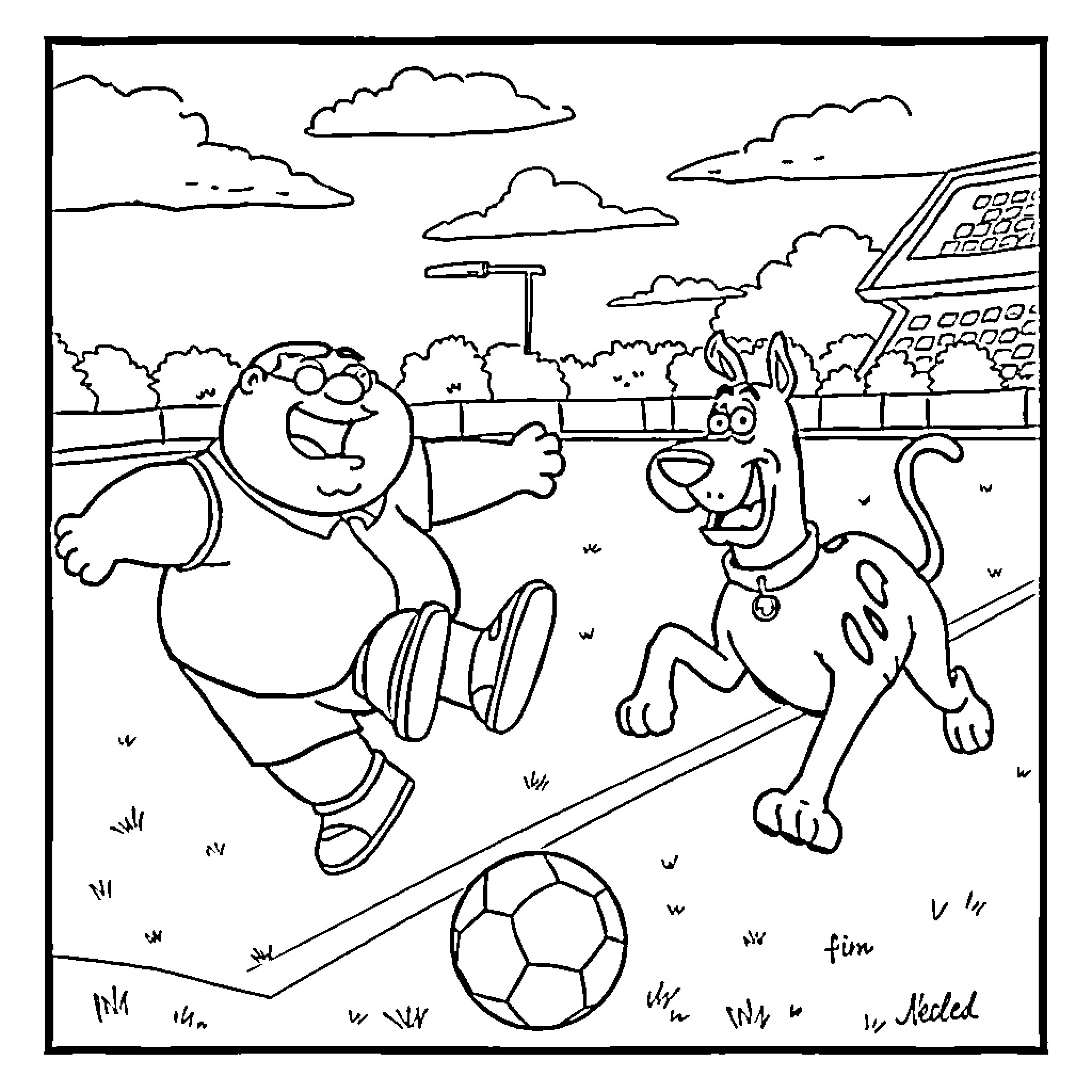 Peter Griffin playing soccer with a dog Coloring Page (free black-and-white line drawing printable PDF for all, from beginners to advanced learners, including children, teens, adults, and seniors)