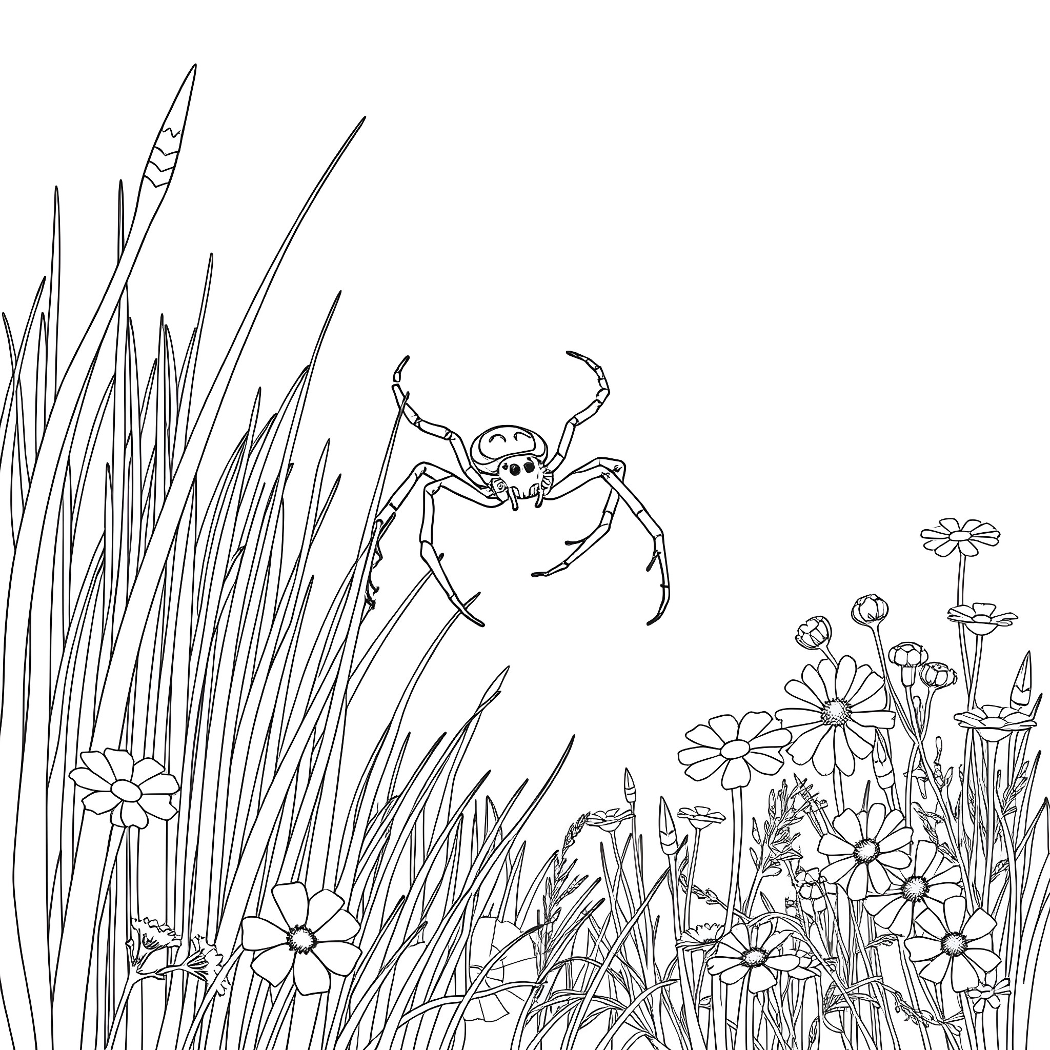 Spider crawling amidst the flowering plants Coloring Page (free black-and-white line drawing printable PDF for all, from beginners to advanced learners, including children, teens, adults, and seniors)