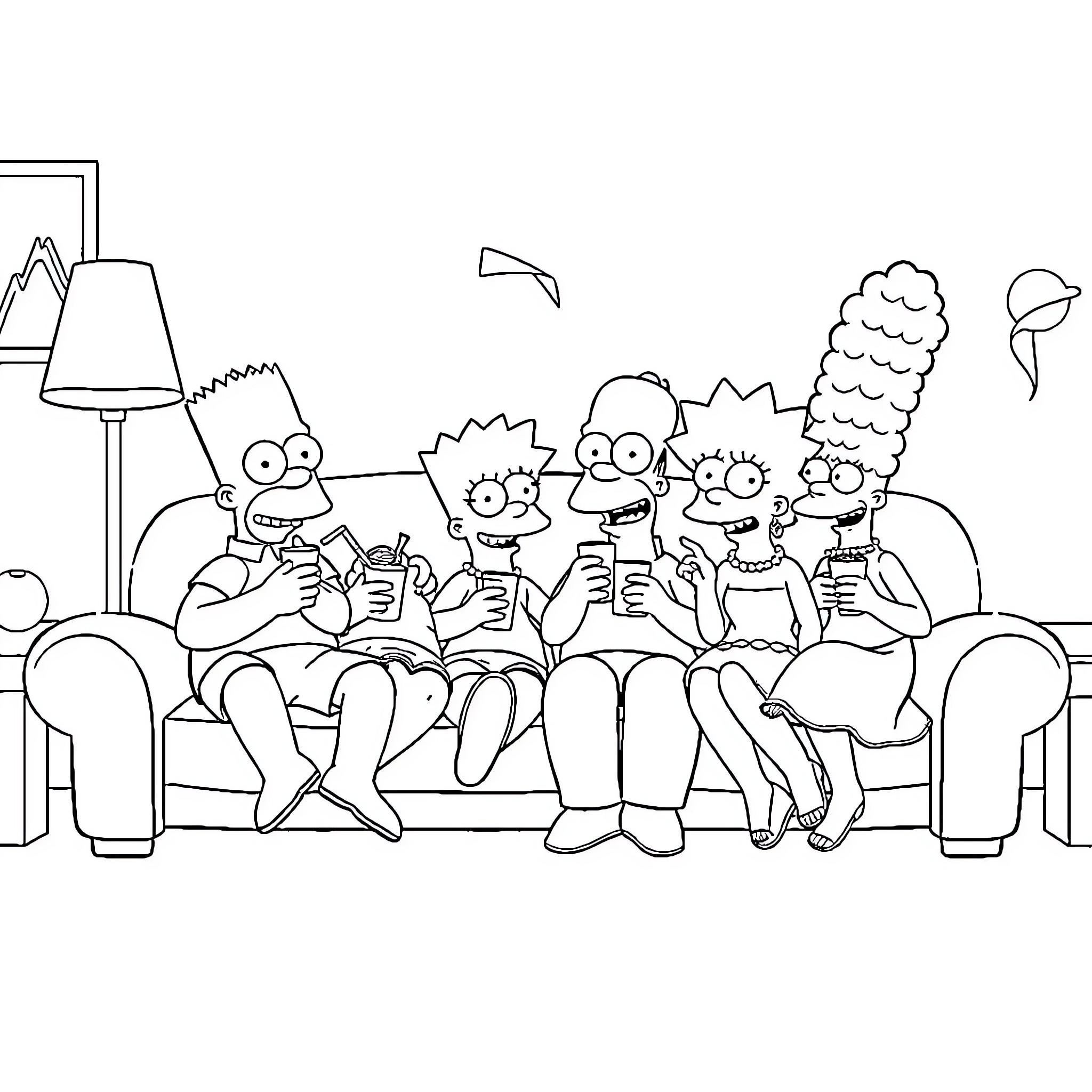 Simpson Family Enjoying Phone Time on Couch Coloring Page (free black-and-white line drawing printable PDF for all, from beginners to advanced learners, including children, teens, adults, and seniors)