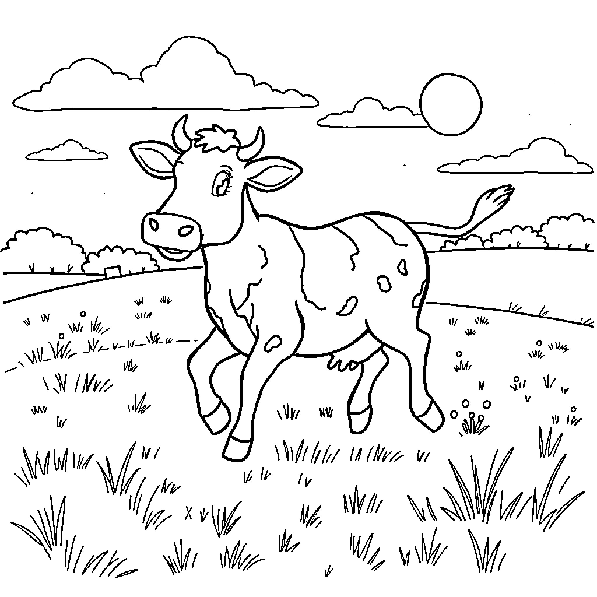 Cow roaming happily in a scenic countryside Coloring Page (free black-and-white line drawing printable PDF for all, from beginners to advanced learners, including children, teens, adults, and seniors)