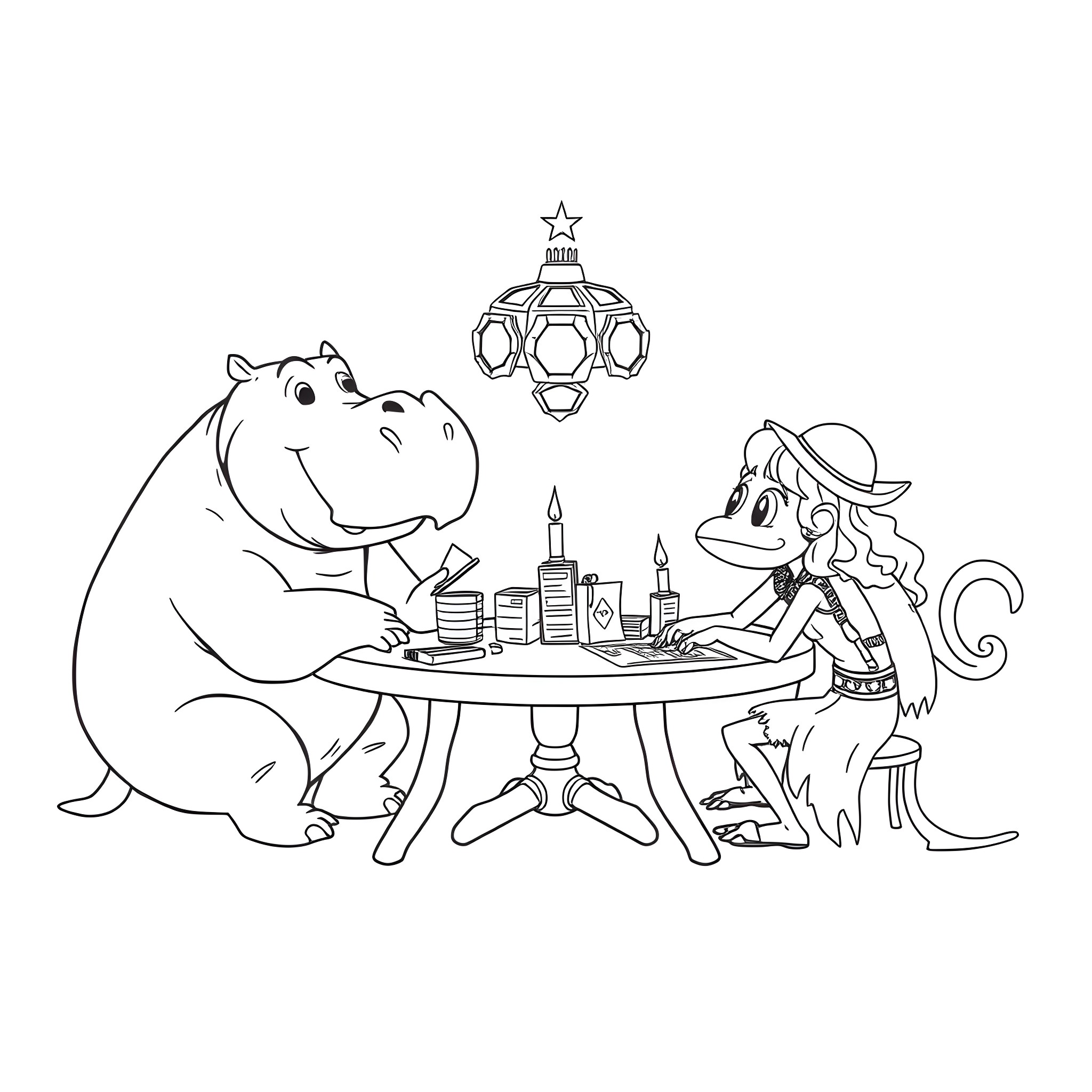 Hippo and Monkey Having a Festive Dinner Coloring Page (free black-and-white line drawing printable PDF for all, from beginners to advanced learners, including children, teens, adults, and seniors)