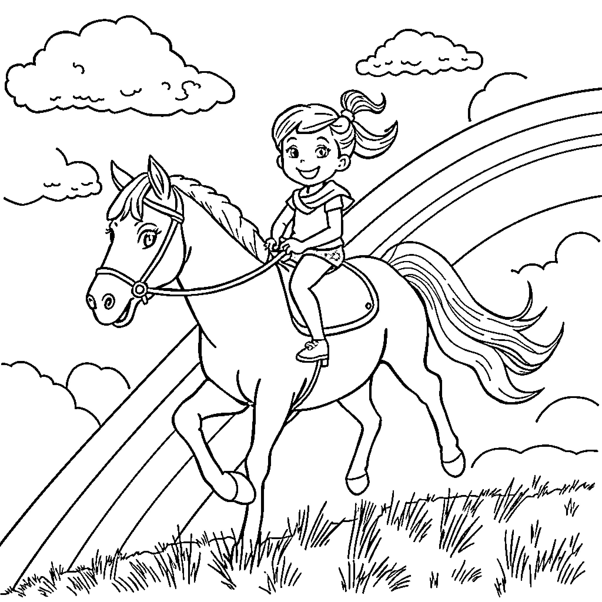Girl riding horse through rainbow landscape Coloring Page (free black-and-white line drawing printable PDF for all, from beginners to advanced learners, including children, teens, adults, and seniors)