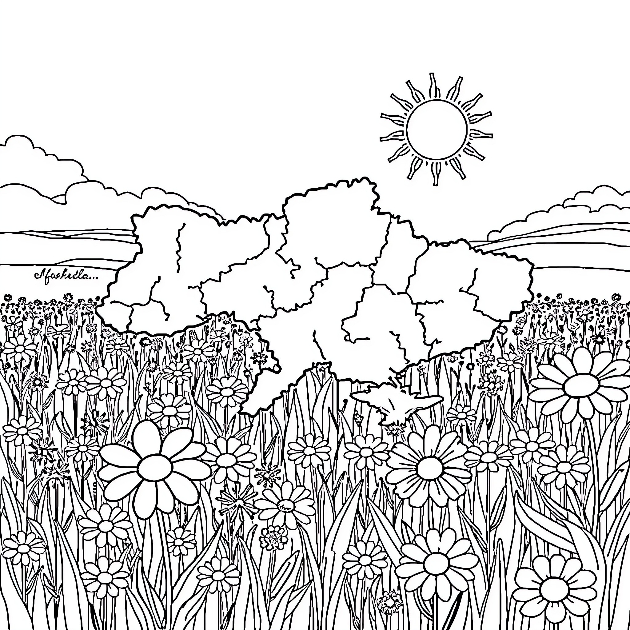 Map of Idyllic Floral Landscape Coloring Page (free black-and-white line drawing printable PDF for all, from beginners to advanced learners, including children, teens, adults, and seniors)