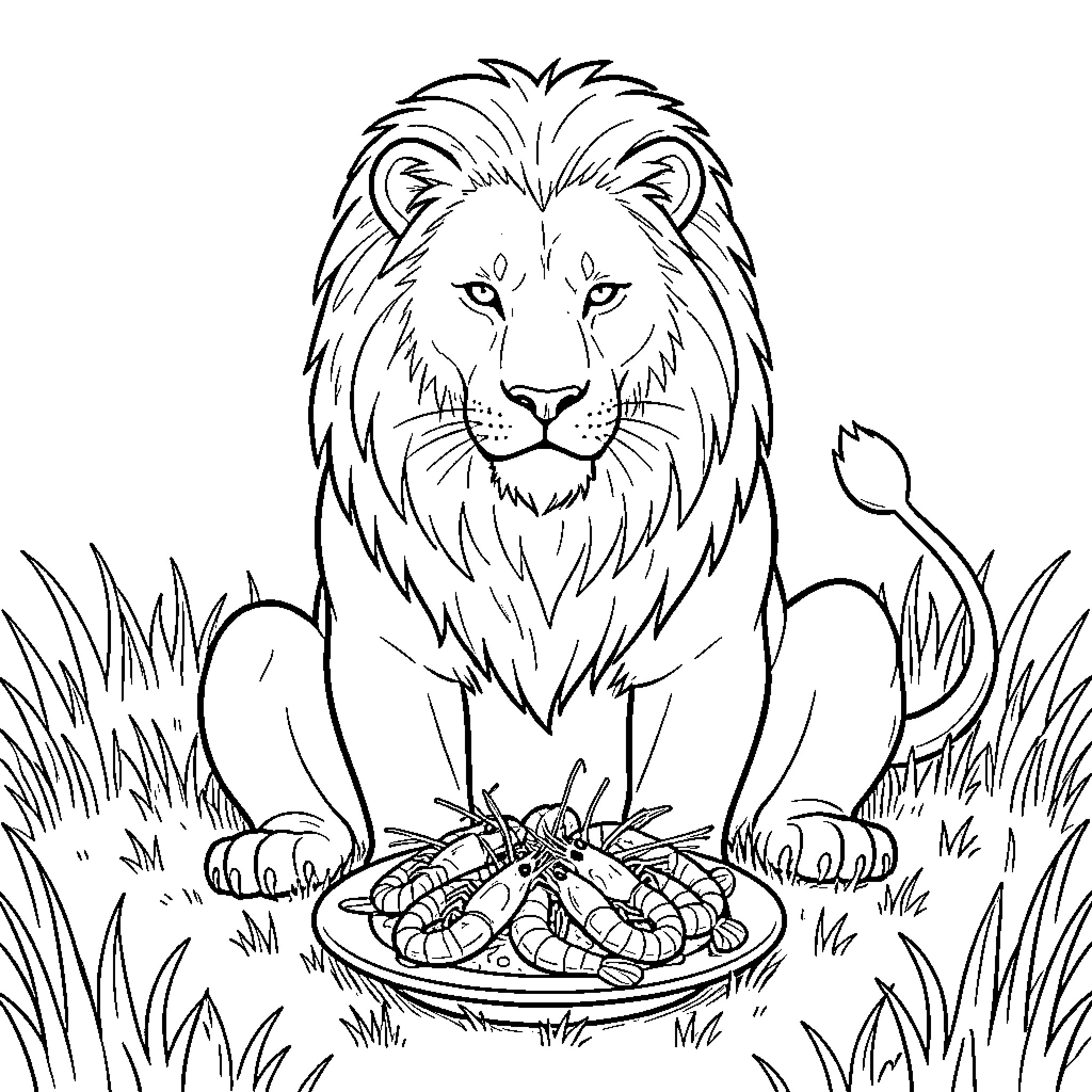Lion feasting on his prey in the wild Coloring Page (free black-and-white line drawing printable PDF for all, from beginners to advanced learners, including children, teens, adults, and seniors)