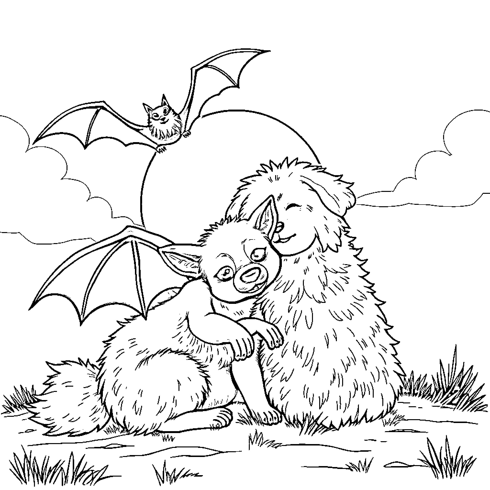 Bat and Furry Creature in Outdoor Scene Coloring Page (free black-and-white line drawing printable PDF for all, from beginners to advanced learners, including children, teens, adults, and seniors)
