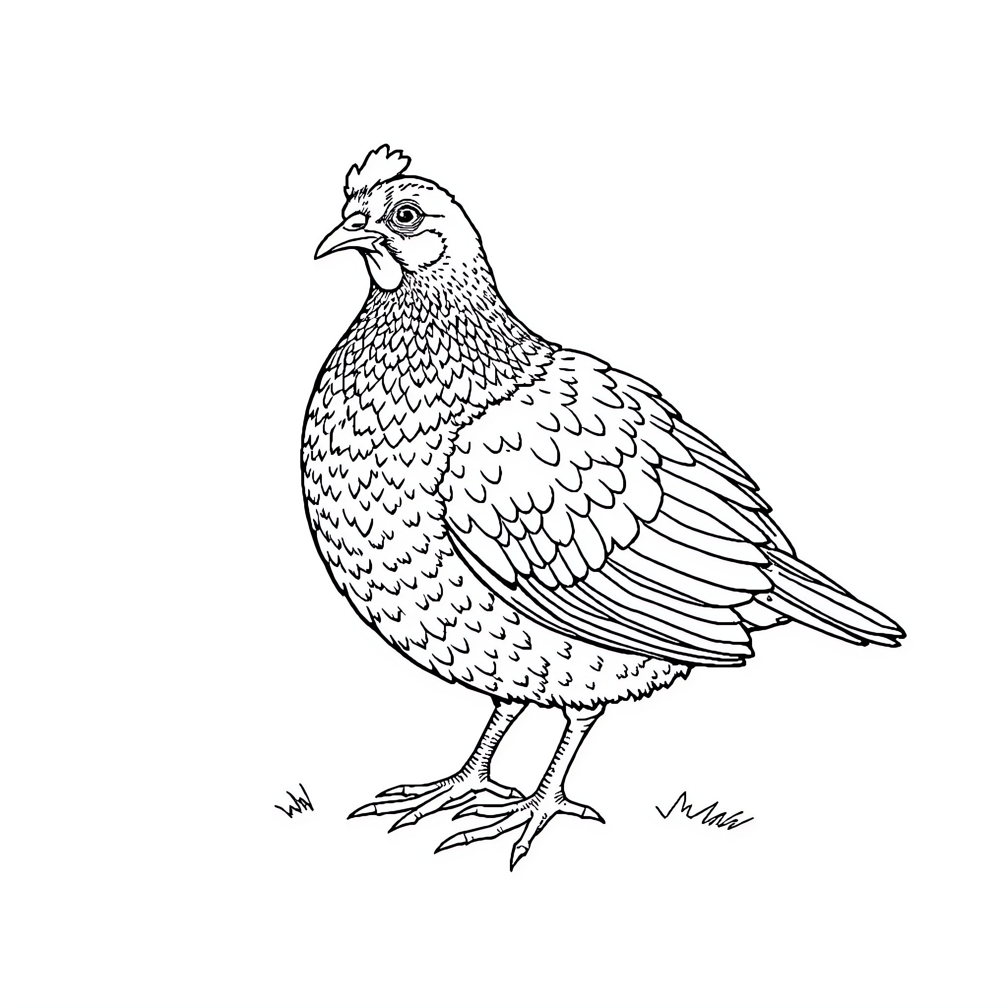 Poule: Detailed Sketch of a Chicken Coloring Page (free black-and-white line drawing printable PDF for all, from beginners to advanced learners, including children, teens, adults, and seniors)