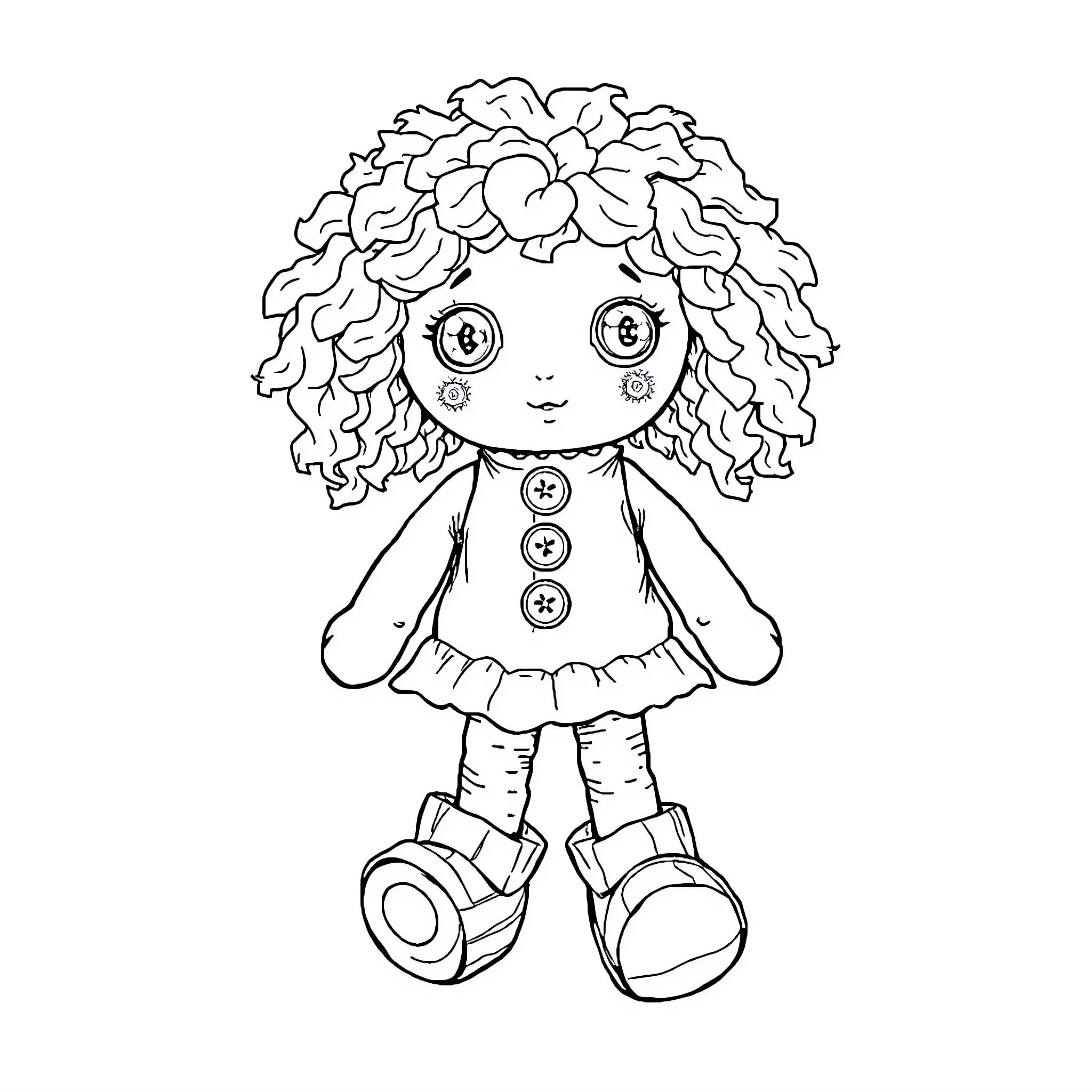 Rag Doll with Curly Hair and Buttons Coloring Page (free black-and-white line drawing printable PDF for all, from beginners to advanced learners, including children, teens, adults, and seniors)
