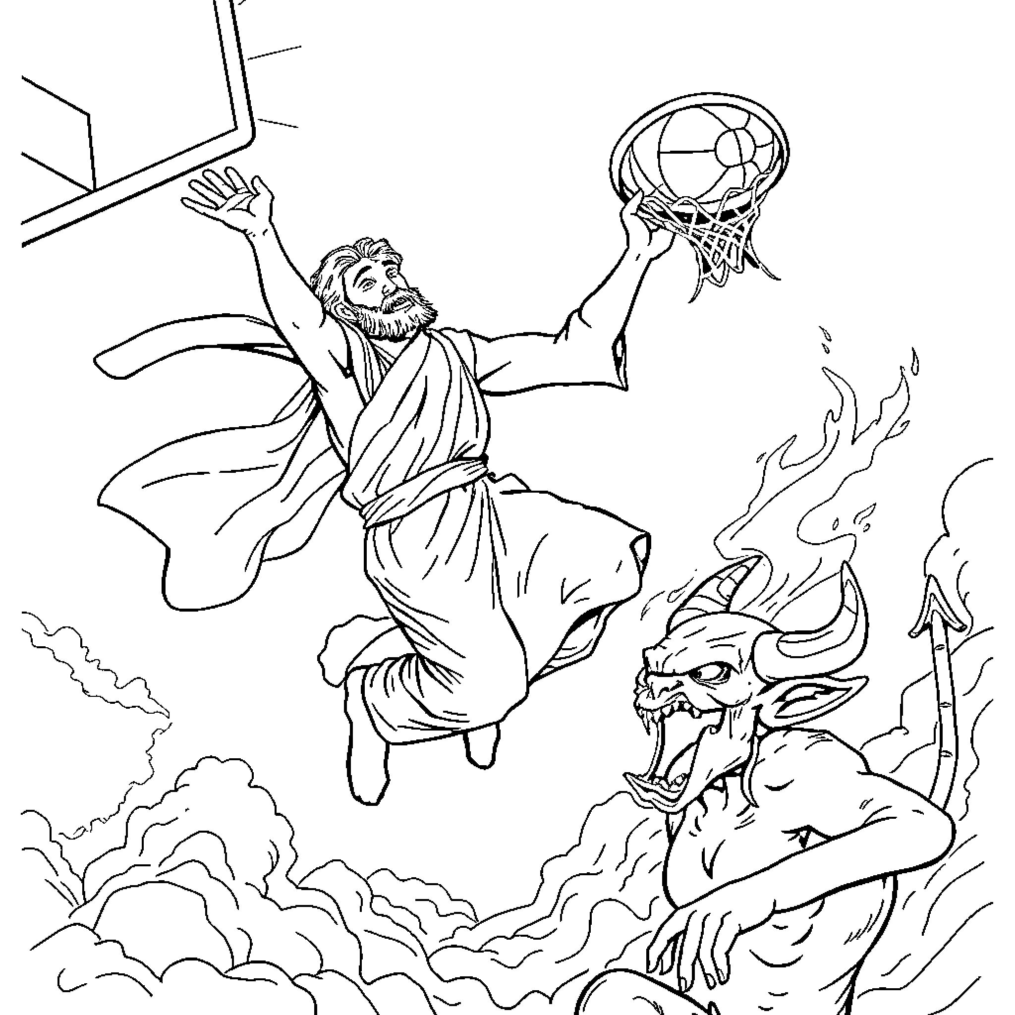 Jesus dunking a basketball against a demonic figure Coloring Page (free black-and-white line drawing printable PDF for all, from beginners to advanced learners, including children, teens, adults, and seniors)