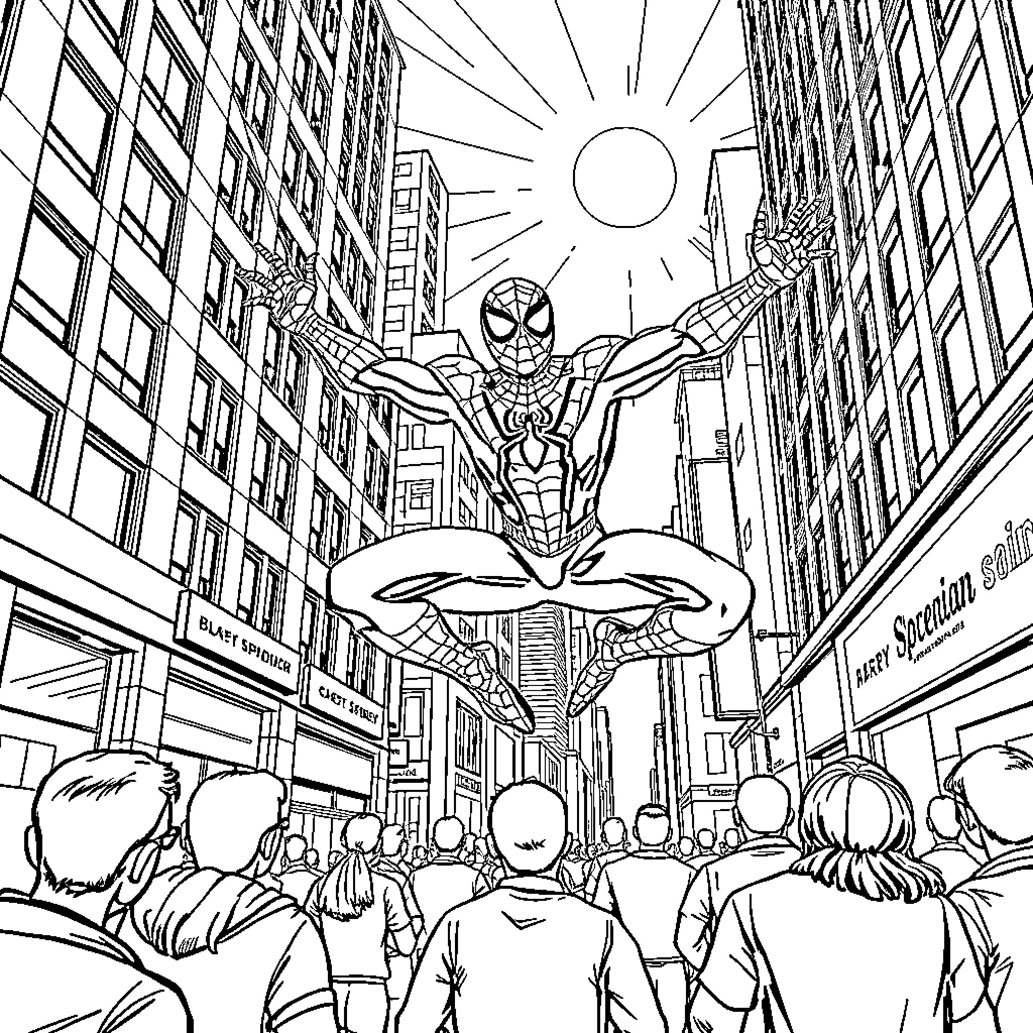 Spiderman heroically leaps above the bustling city streets Coloring Page (free black-and-white line drawing printable PDF for all, from beginners to advanced learners, including children, teens, adults, and seniors)