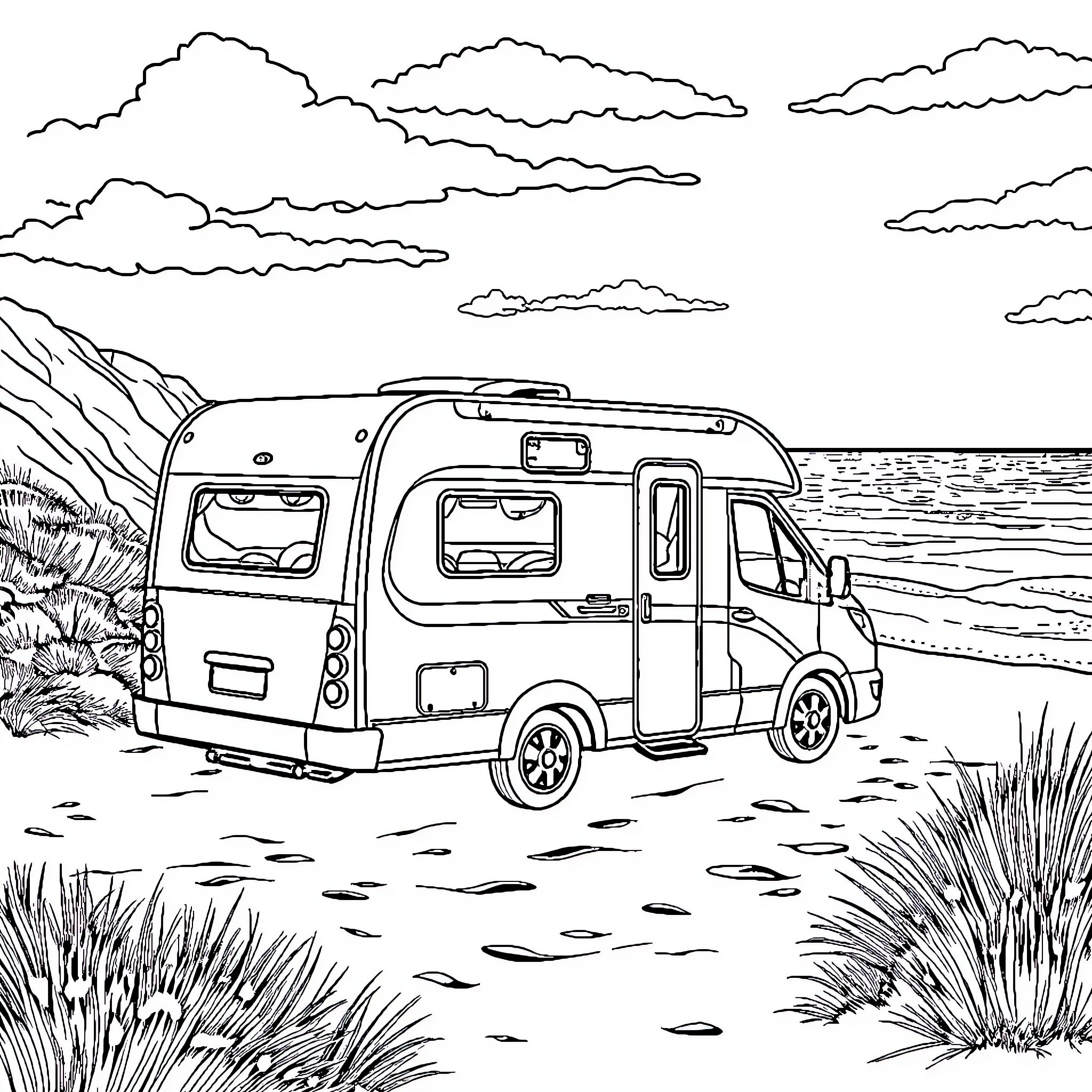 Eriba Traveling Camper by the Scenic Shoreline Coloring Page (free black-and-white line drawing printable PDF for all, from beginners to advanced learners, including children, teens, adults, and seniors)