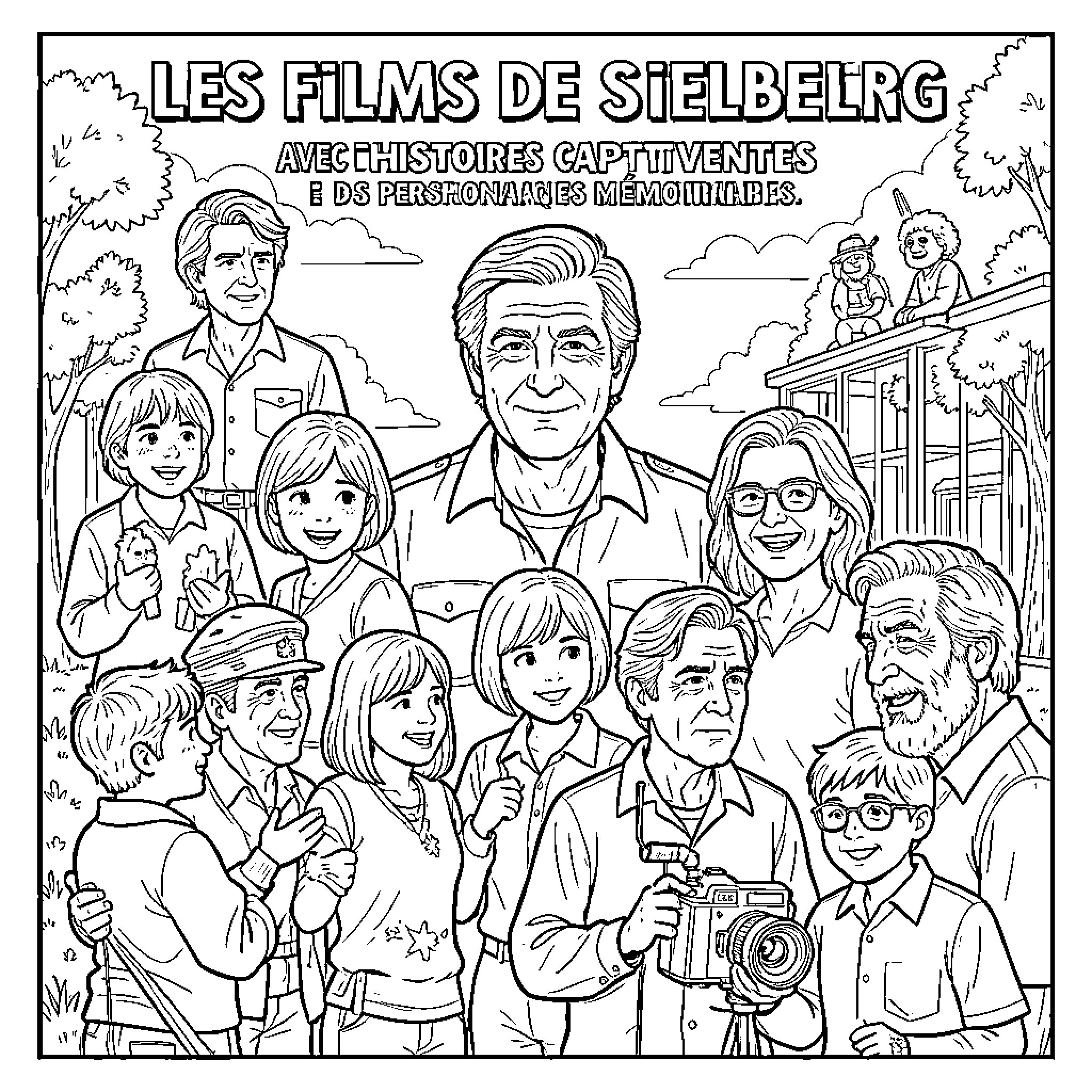 Spielberg surrounded by diverse characters and film crew Coloring Page (free black-and-white line drawing printable PDF for all, from beginners to advanced learners, including children, teens, adults, and seniors)