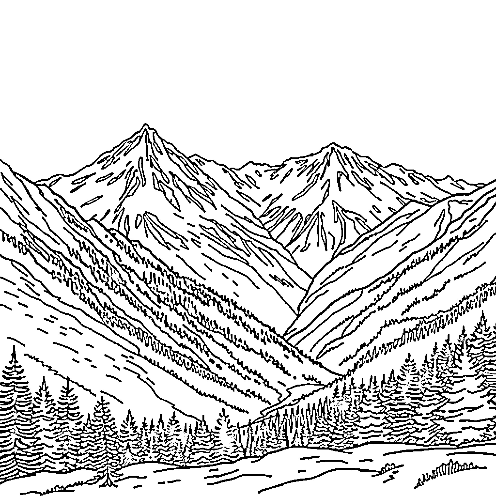 Mountain landscape with snow-capped peaks Coloring Page (free black-and-white line drawing printable PDF for all, from beginners to advanced learners, including children, teens, adults, and seniors)