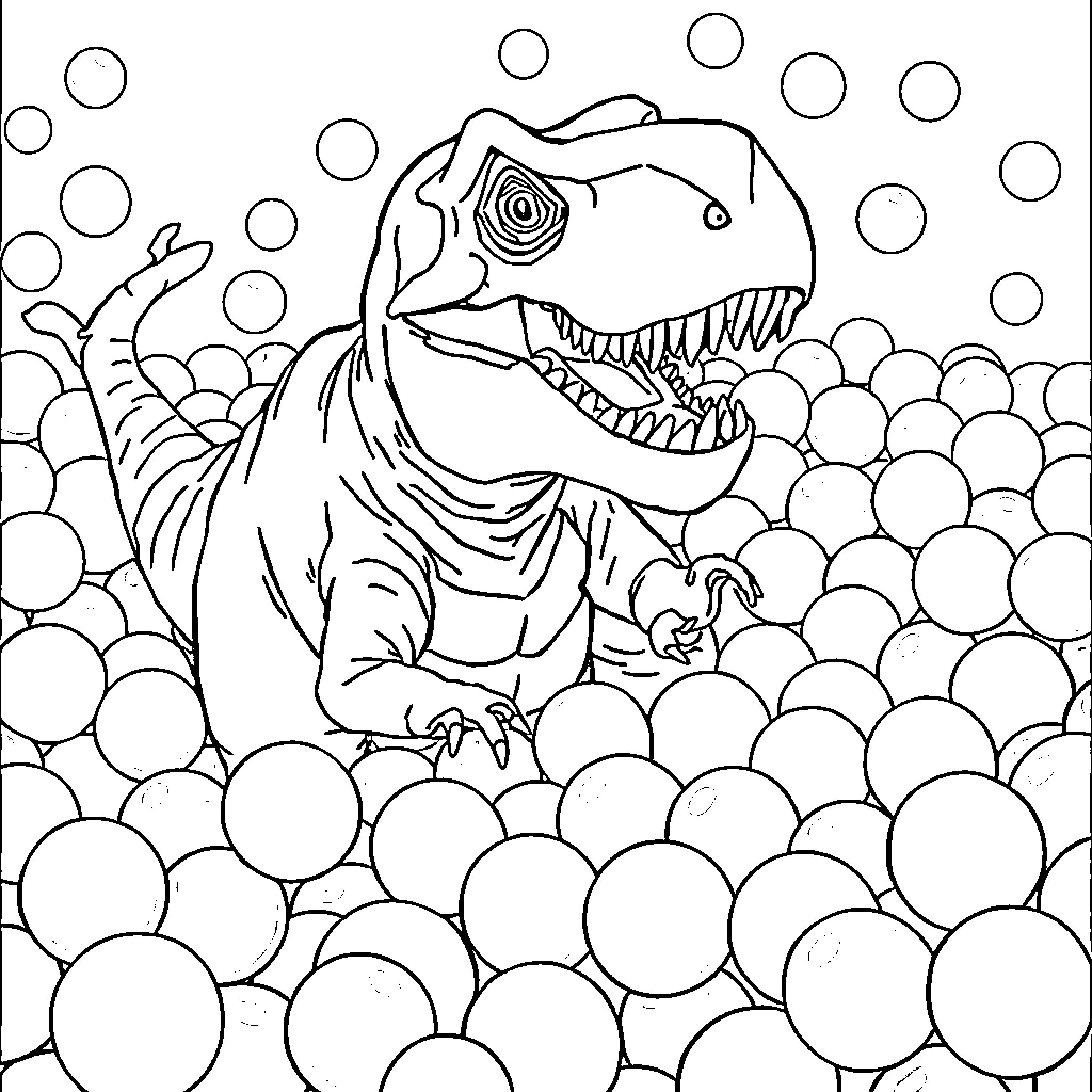 T-Rex devouring prey in a bubbly environment Coloring Page (free black-and-white line drawing printable PDF for all, from beginners to advanced learners, including children, teens, adults, and seniors)