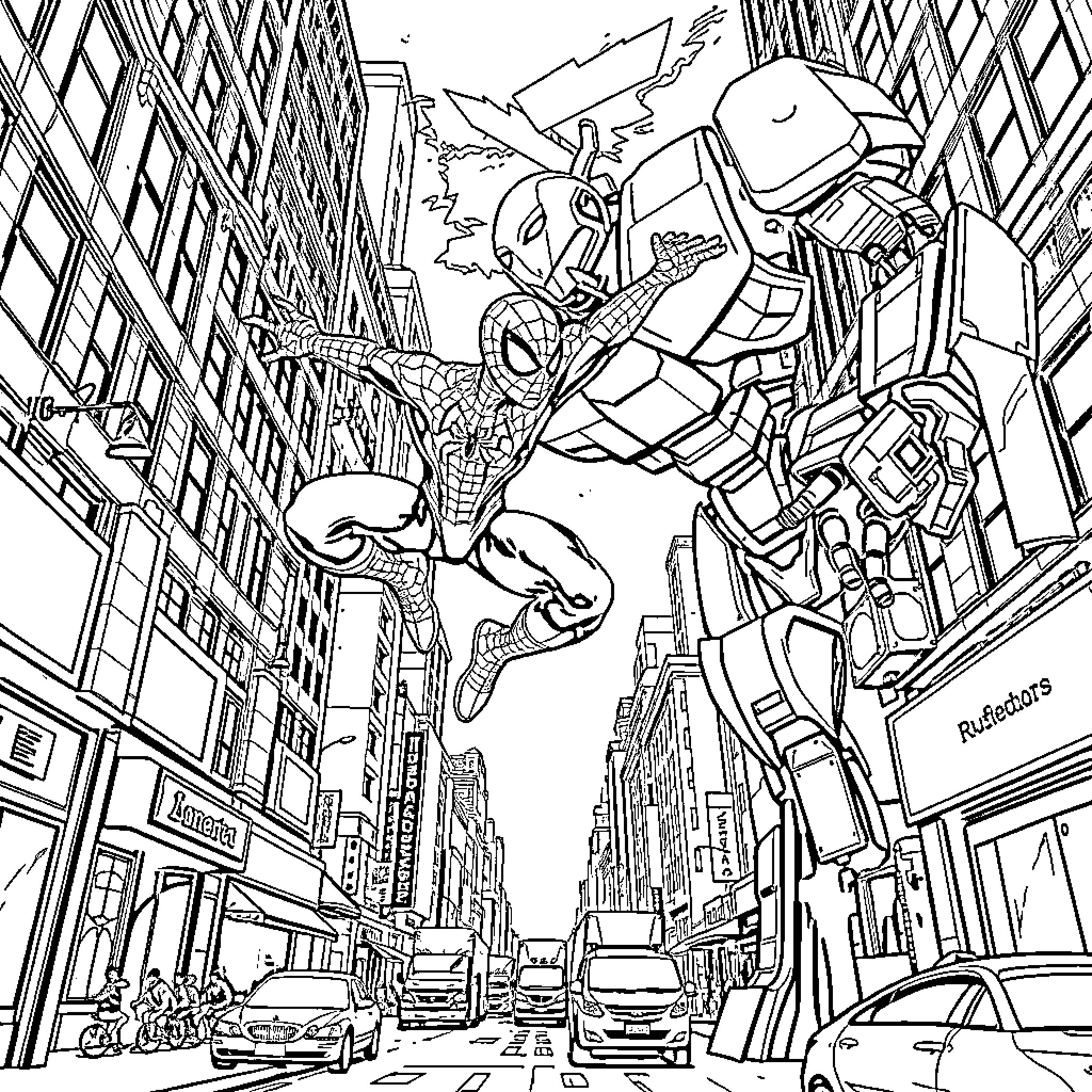 Spiderman swings through the city, battling a giant robot Coloring Page (free black-and-white line drawing printable PDF for all, from beginners to advanced learners, including children, teens, adults, and seniors)