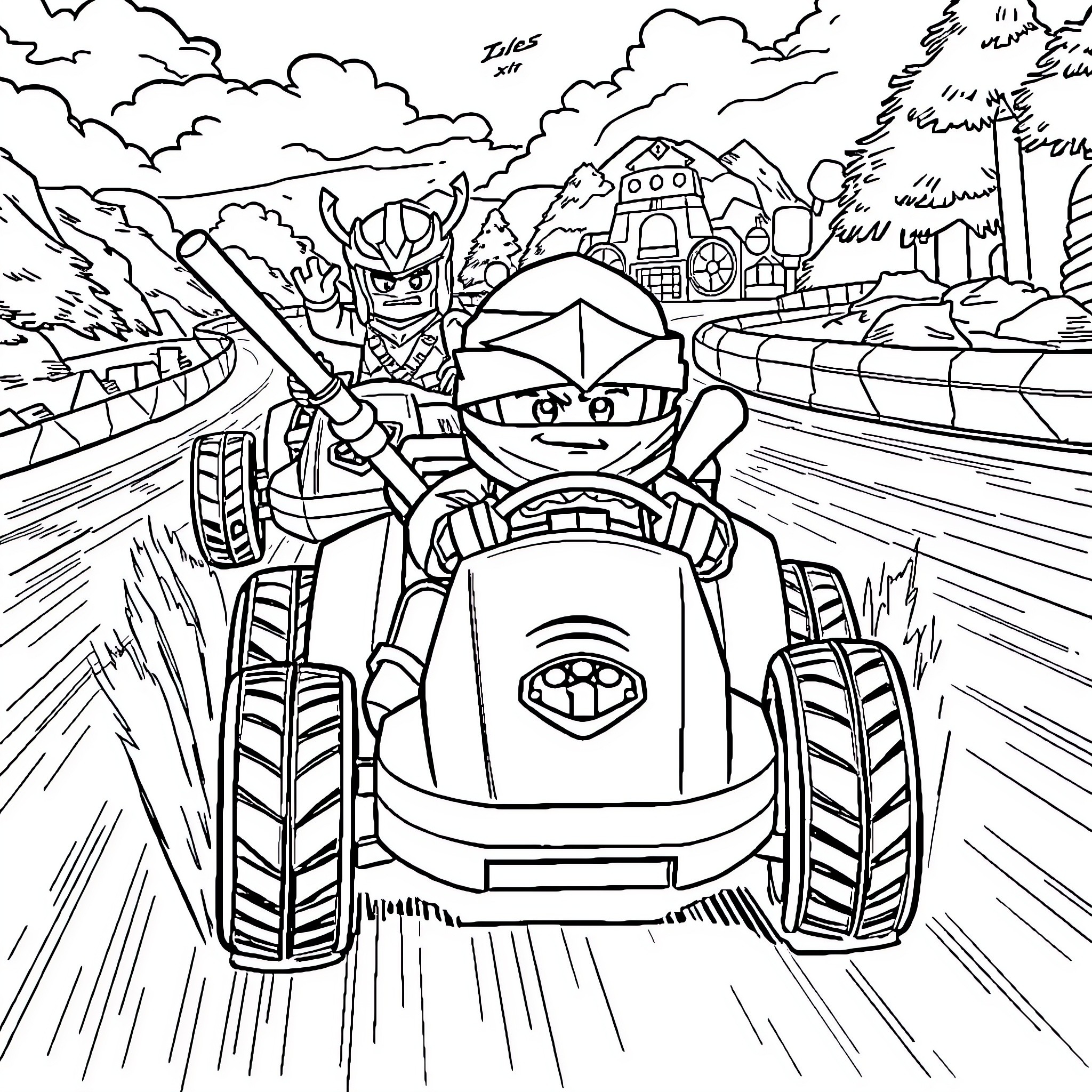 Ninjago warriors on an action-packed adventure Coloring Page (free black-and-white line drawing printable PDF for all, from beginners to advanced learners, including children, teens, adults, and seniors)