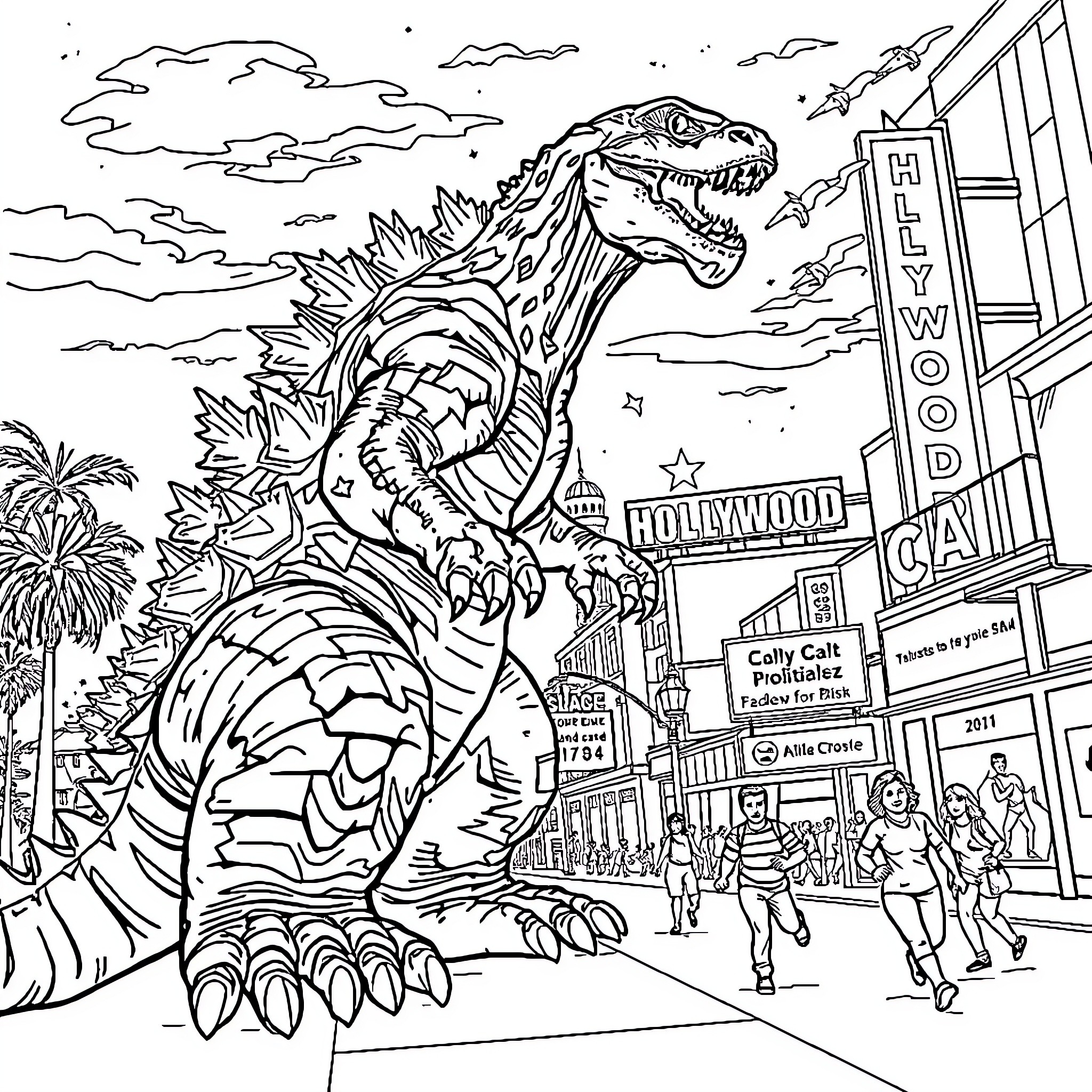 Godzilla Stomps Through Hollywood's Streets Coloring Page (free black-and-white line drawing printable PDF for all, from beginners to advanced learners, including children, teens, adults, and seniors)